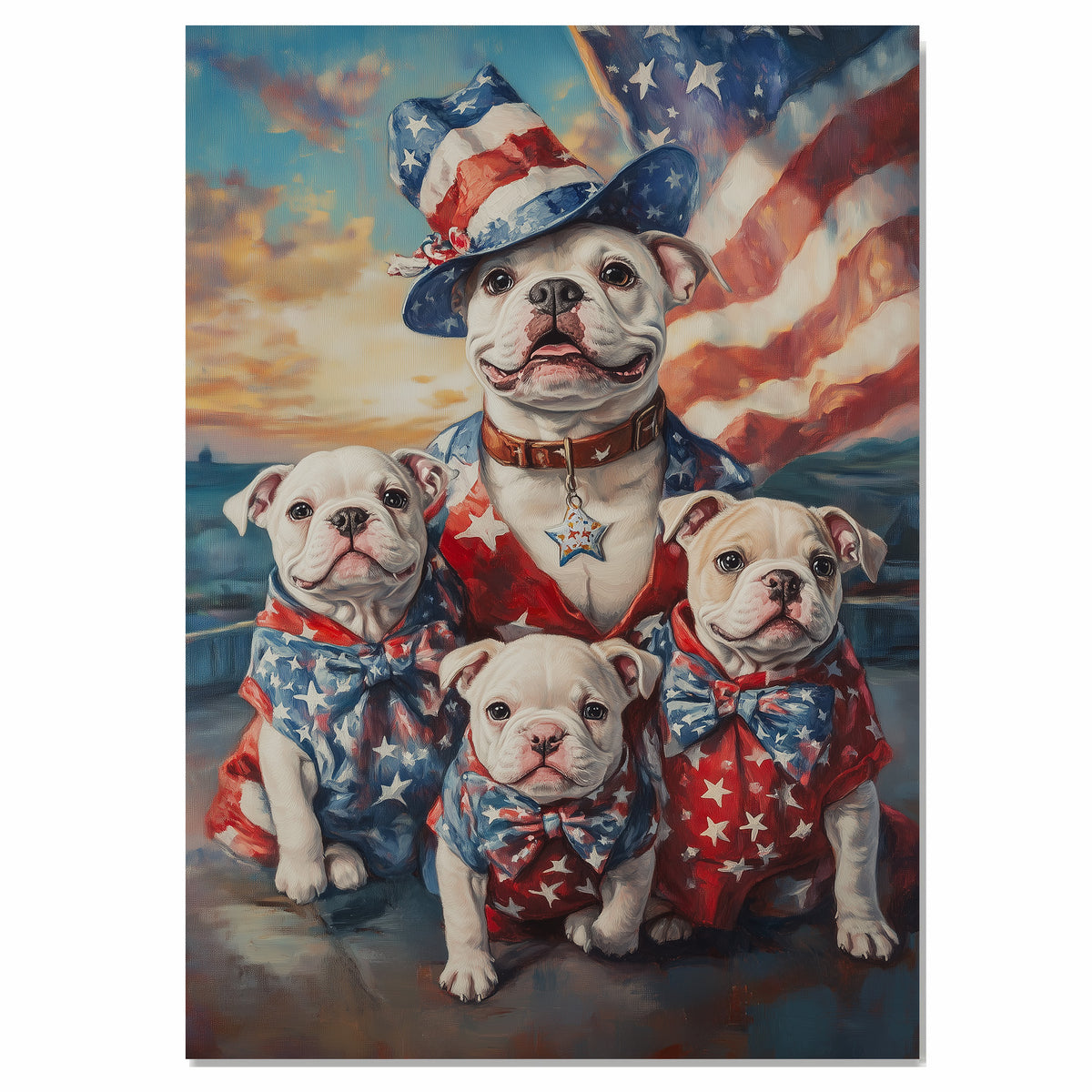 American Bulldog Mom and Puppies in Patriotic Outfits with Star Bowties and American Flag at Sunset in Artistic Style on Ready to Hang 1.5" Thick Canvas Wrap, Floating Framed Canvas, Flat Rolled Canvas