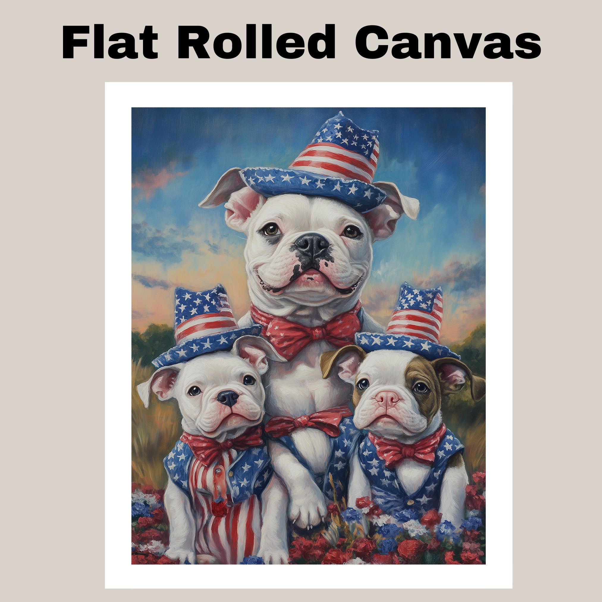 American Bulldog Mom and Puppies in Star-Spangled Hats and Bowties with Sunset Sky and Patriotic Floral Field on Ready to Hang 1.5" Thick Canvas Wrap, Floating Framed Canvas, Flat Rolled Canvas