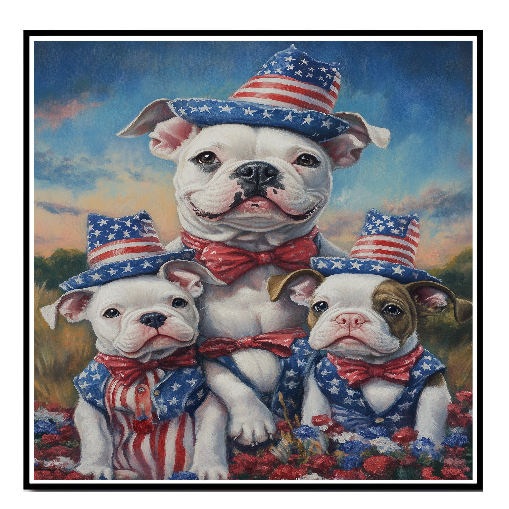 American Bulldog Mom and Puppies in Star-Spangled Hats and Bowties with Sunset Sky and Patriotic Floral Field on Ready to Hang 1.5" Thick Canvas Wrap, Floating Framed Canvas, Flat Rolled Canvas