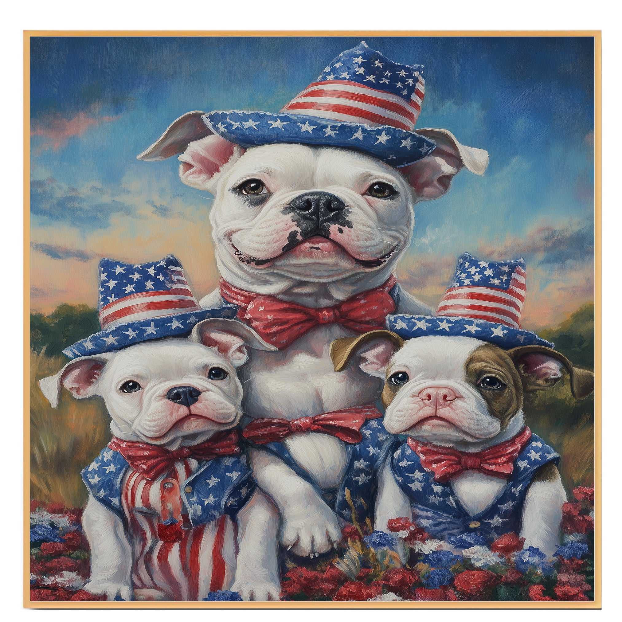 American Bulldog Mom and Puppies in Star-Spangled Hats and Bowties with Sunset Sky and Patriotic Floral Field on Ready to Hang 1.5" Thick Canvas Wrap, Floating Framed Canvas, Flat Rolled Canvas