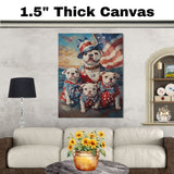 American Bulldog Mom and Puppies in Patriotic Outfits with Star Bowties and American Flag at Sunset in Artistic Style on Ready to Hang 1.5" Thick Canvas Wrap, Floating Framed Canvas, Flat Rolled Canvas