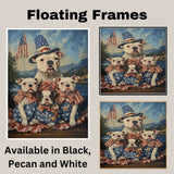 American Bulldog Mom and Puppies in Patriotic Outfits with Flags and Mountain Lake Background in Vintage Oil Painting Style on Ready to Hang 1.5" Thick Canvas Wrap, Floating Framed Canvas, Flat Rolled Canvas