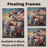 American Bulldog Mom and Puppies in Patriotic Outfits with Star Bowties and American Flag at Sunset in Artistic Style on Ready to Hang 1.5" Thick Canvas Wrap, Floating Framed Canvas, Flat Rolled Canvas