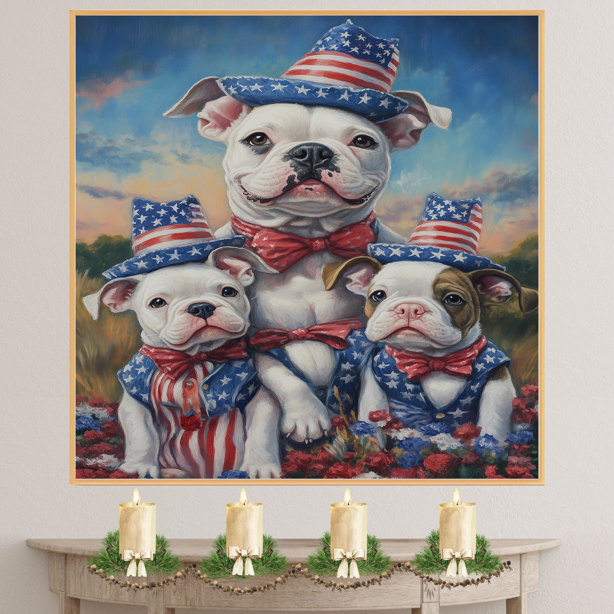 American Bulldog Mom and Puppies in Star-Spangled Hats and Bowties with Sunset Sky and Patriotic Floral Field on Ready to Hang 1.5" Thick Canvas Wrap, Floating Framed Canvas, Flat Rolled Canvas