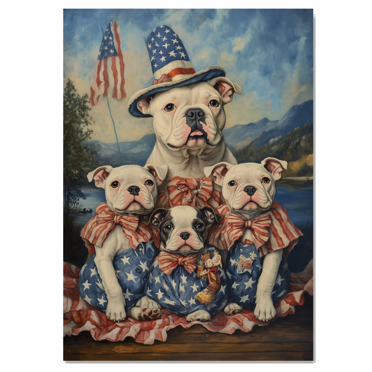 American Bulldog Mom and Puppies in Patriotic Outfits with Flags and Mountain Lake Background in Vintage Oil Painting Style on Ready to Hang 1.5" Thick Canvas Wrap, Floating Framed Canvas, Flat Rolled Canvas