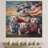 American Bulldog Mom and Puppies in Patriotic Outfits with Star Bowties and American Flag at Sunset in Artistic Style on Ready to Hang 1.5" Thick Canvas Wrap, Floating Framed Canvas, Flat Rolled Canvas
