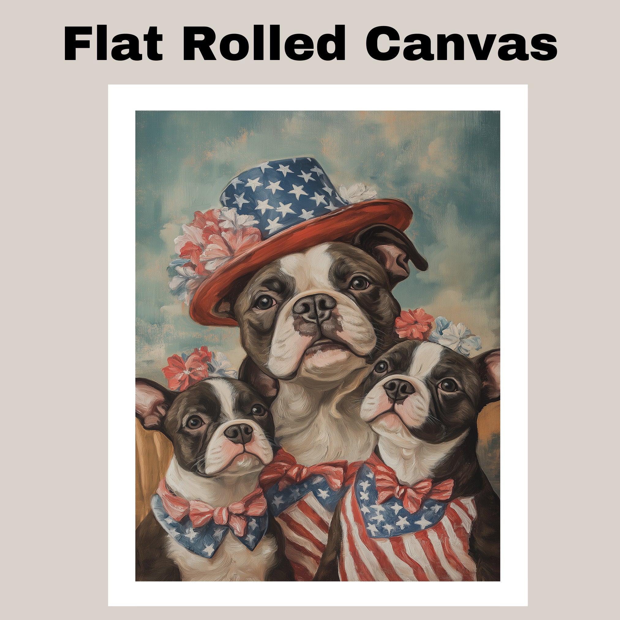 American Bulldog Mom and Puppies in Patriotic Outfits with Floral Hats and Bows on a Soft Sky Background American Style on Ready to Hang 1.5" Thick Canvas Wrap, Floating Framed Canvas, Flat Rolled Canvas