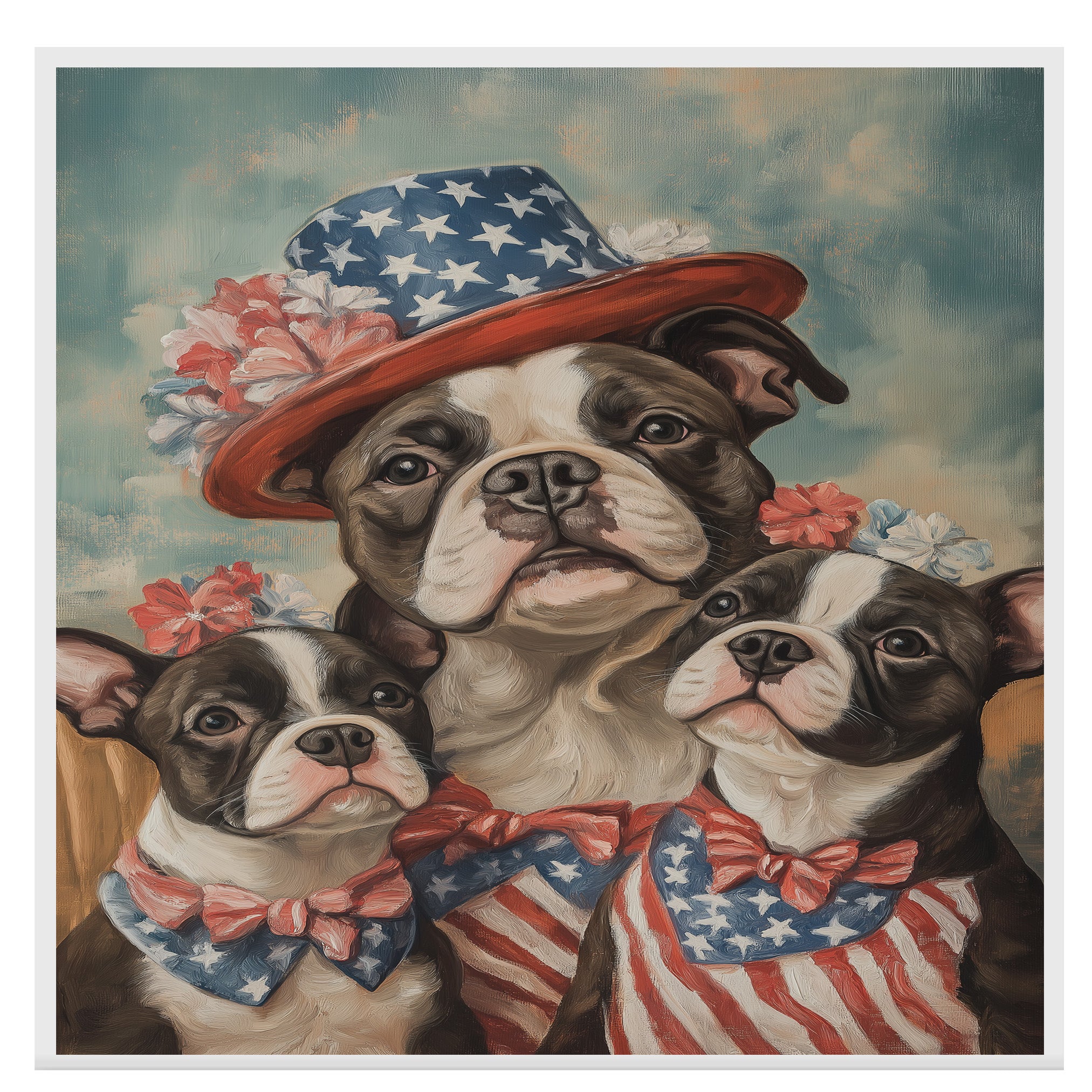 American Bulldog Mom and Puppies in Patriotic Outfits with Floral Hats and Bows on a Soft Sky Background American Style on Ready to Hang 1.5" Thick Canvas Wrap, Floating Framed Canvas, Flat Rolled Canvas