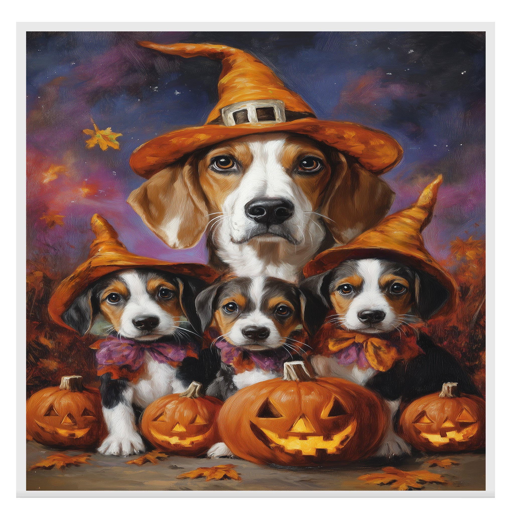 Halloween American Foxhound Dog Family Wall Art with Pumpkins and Witch Hats Fall Rustic Farmhouse Decor for Dog Lovers on Ready to Hang 1.5" Thick Canvas Wrap, Floating Framed Canvas, Flat Rolled Canvas