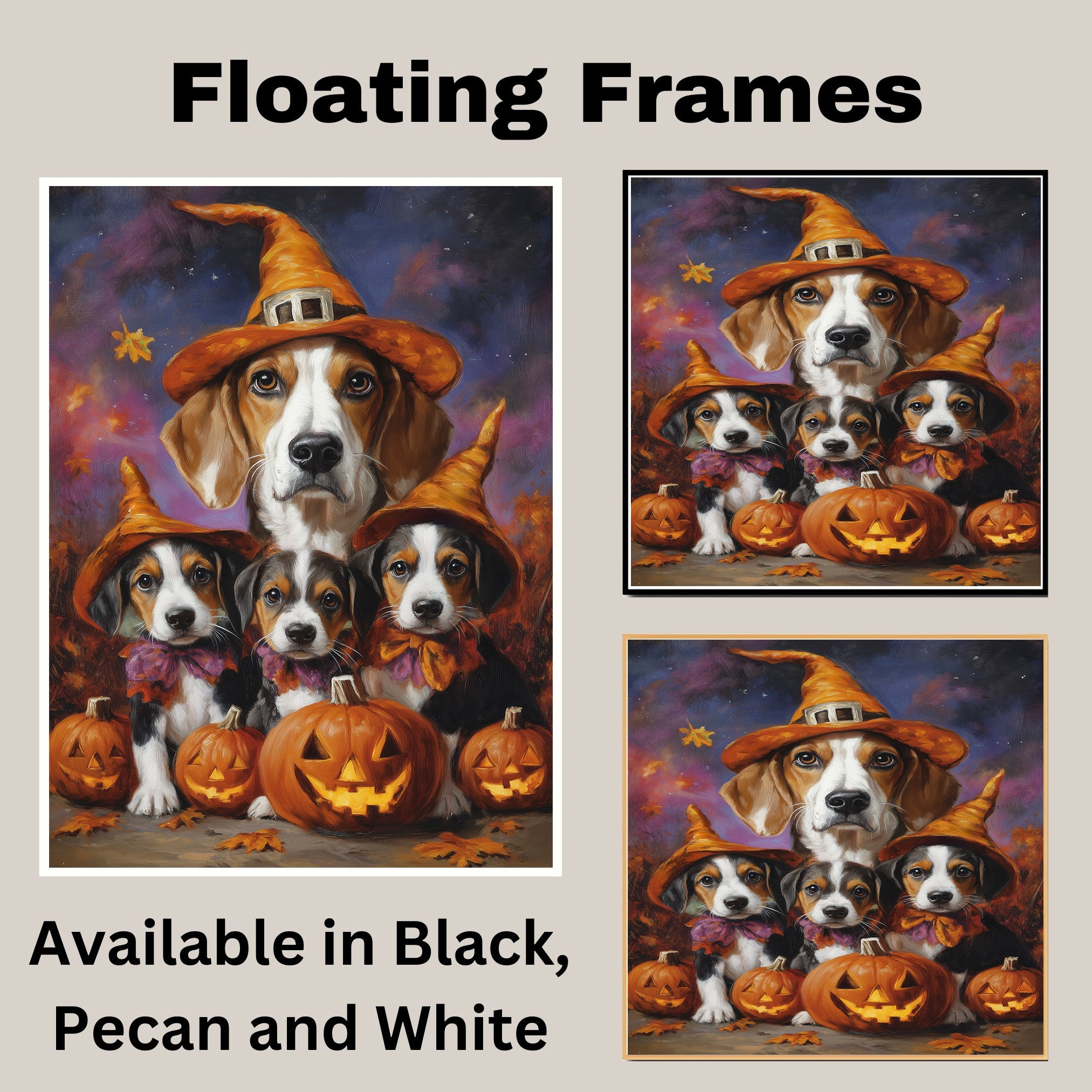 Halloween American Foxhound Dog Family Wall Art with Pumpkins and Witch Hats Fall Rustic Farmhouse Decor for Dog Lovers on Ready to Hang 1.5" Thick Canvas Wrap, Floating Framed Canvas, Flat Rolled Canvas