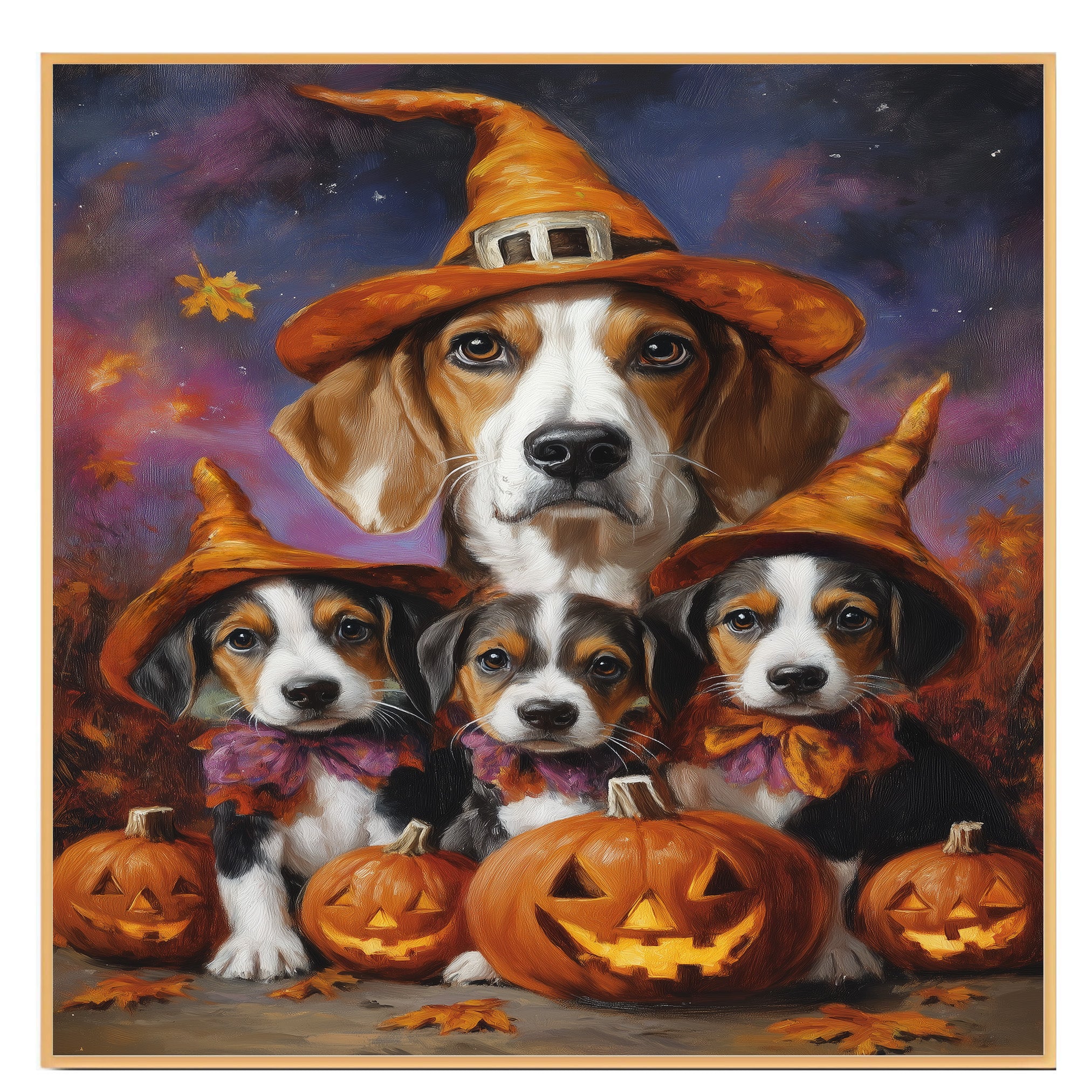 Halloween American Foxhound Dog Family Wall Art with Pumpkins and Witch Hats Fall Rustic Farmhouse Decor for Dog Lovers on Ready to Hang 1.5" Thick Canvas Wrap, Floating Framed Canvas, Flat Rolled Canvas