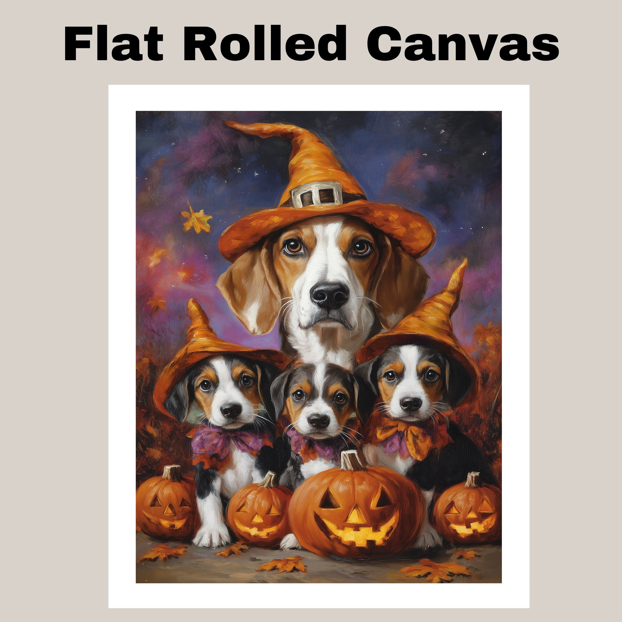 Halloween American Foxhound Dog Family Wall Art with Pumpkins and Witch Hats Fall Rustic Farmhouse Decor for Dog Lovers on Ready to Hang 1.5" Thick Canvas Wrap, Floating Framed Canvas, Flat Rolled Canvas
