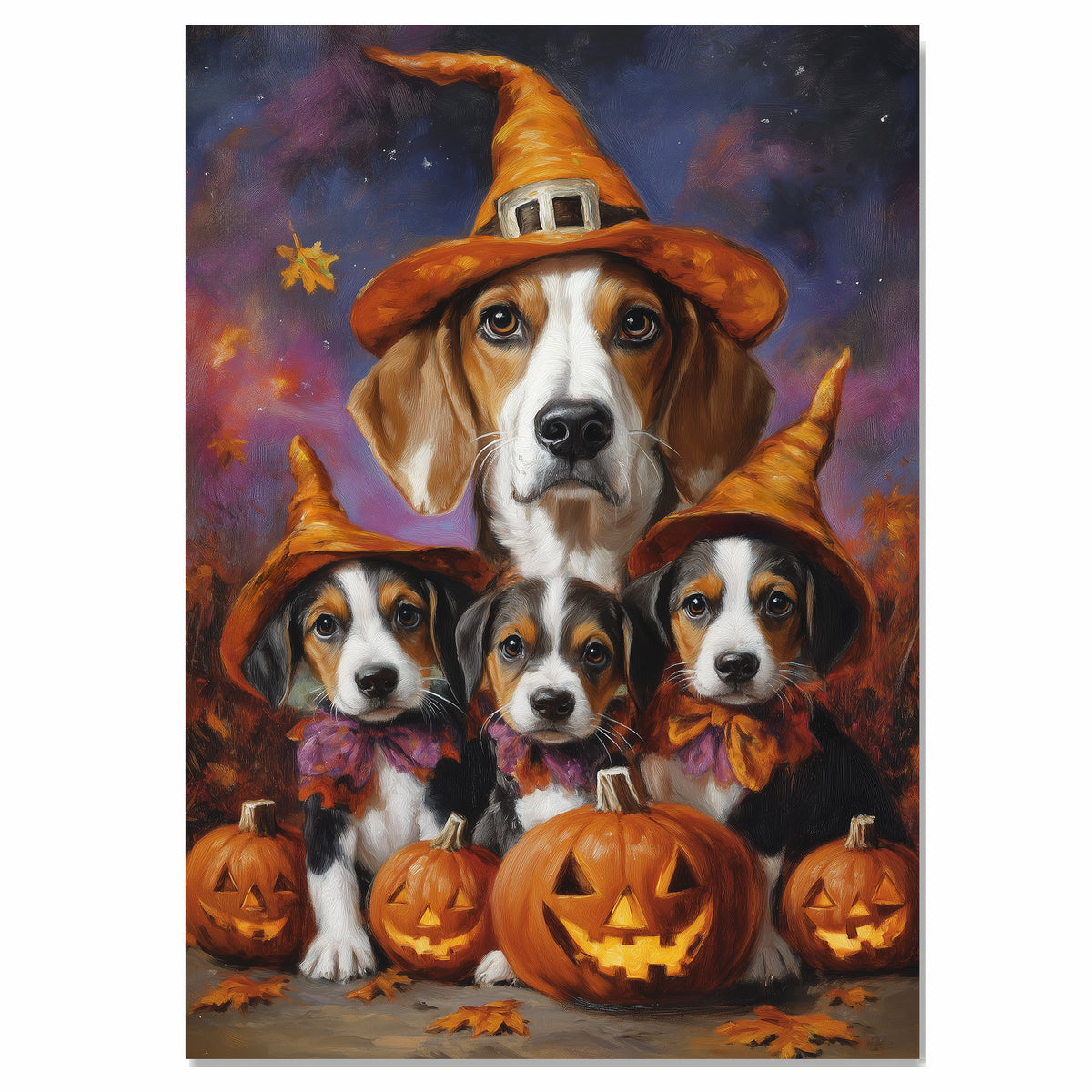 Halloween American Foxhound Dog Family Wall Art with Pumpkins and Witch Hats Fall Rustic Farmhouse Decor for Dog Lovers on Ready to Hang 1.5" Thick Canvas Wrap, Floating Framed Canvas, Flat Rolled Canvas