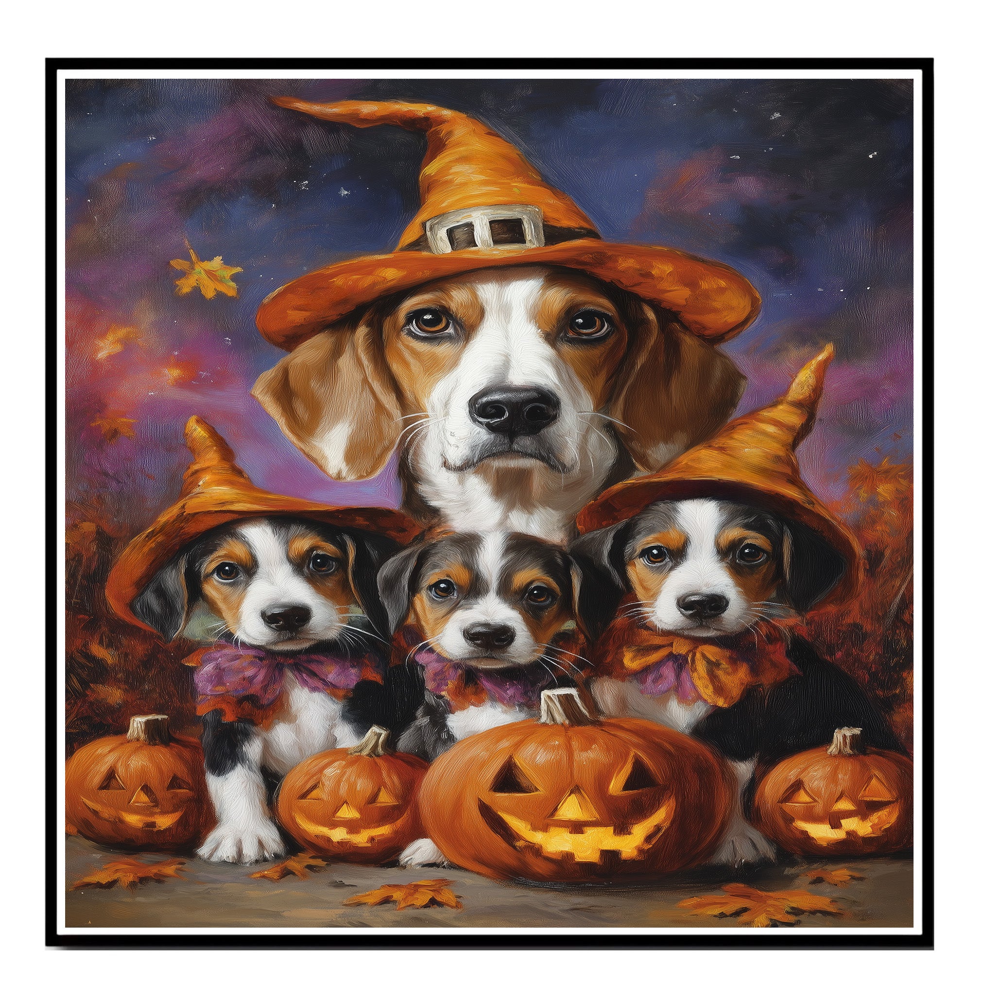 Halloween American Foxhound Dog Family Wall Art with Pumpkins and Witch Hats Fall Rustic Farmhouse Decor for Dog Lovers on Ready to Hang 1.5" Thick Canvas Wrap, Floating Framed Canvas, Flat Rolled Canvas