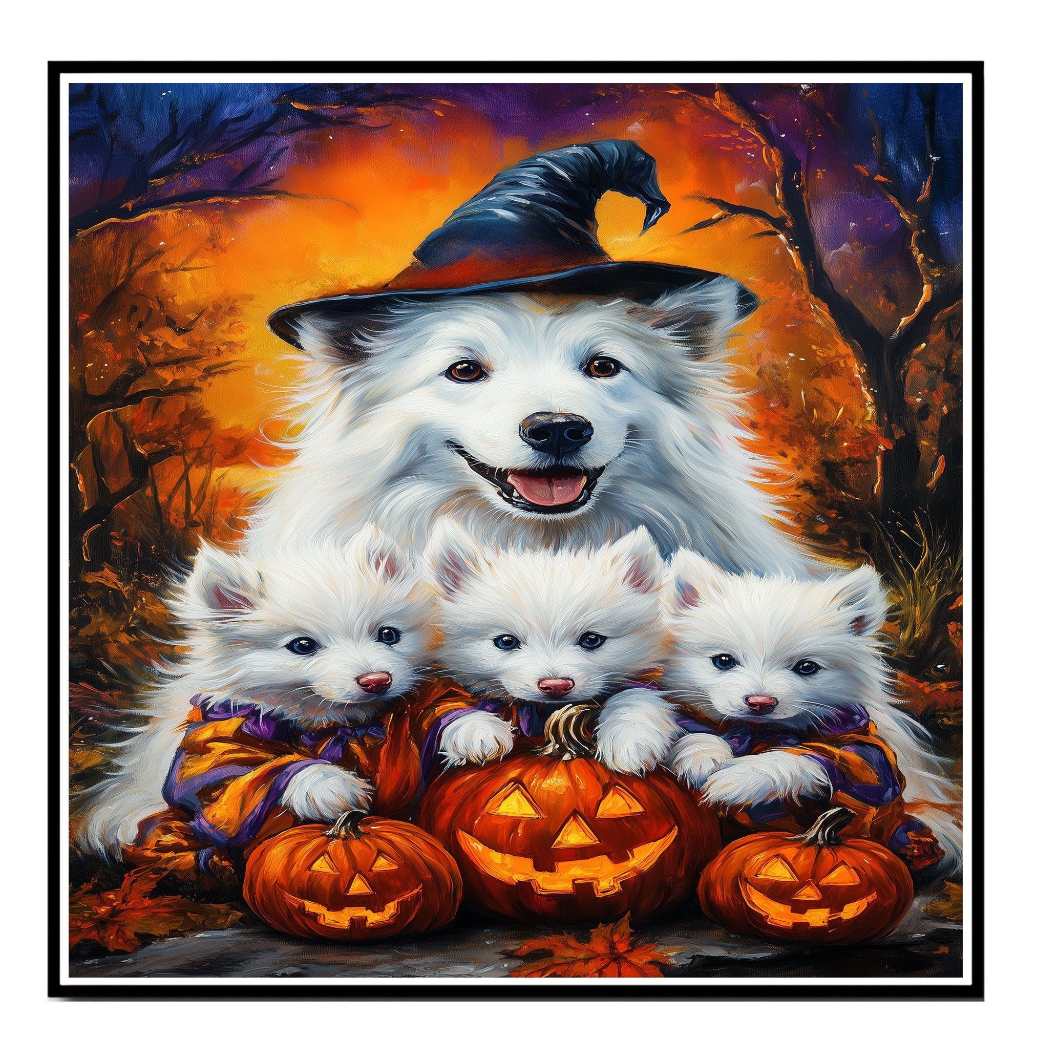 American Eskimo Halloween Witch Dog Canvas Wall Art with Pumpkins Fall Farmhouse Decor for Pet Lovers on Ready to Hang 1.5" Thick Canvas Wrap, Floating Framed Canvas, Flat Rolled Canvas