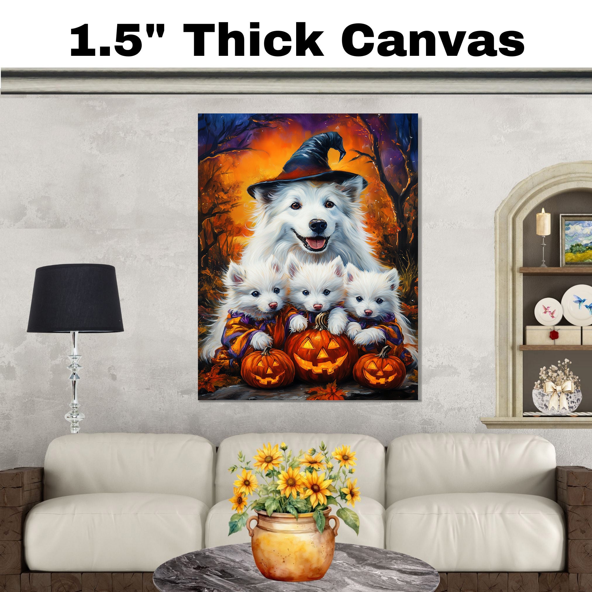 American Eskimo Halloween Witch Dog Canvas Wall Art with Pumpkins Fall Farmhouse Decor for Pet Lovers on Ready to Hang 1.5" Thick Canvas Wrap, Floating Framed Canvas, Flat Rolled Canvas