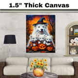 American Eskimo Halloween Witch Dog Canvas Wall Art with Pumpkins Fall Farmhouse Decor for Pet Lovers on Ready to Hang 1.5" Thick Canvas Wrap, Floating Framed Canvas, Flat Rolled Canvas