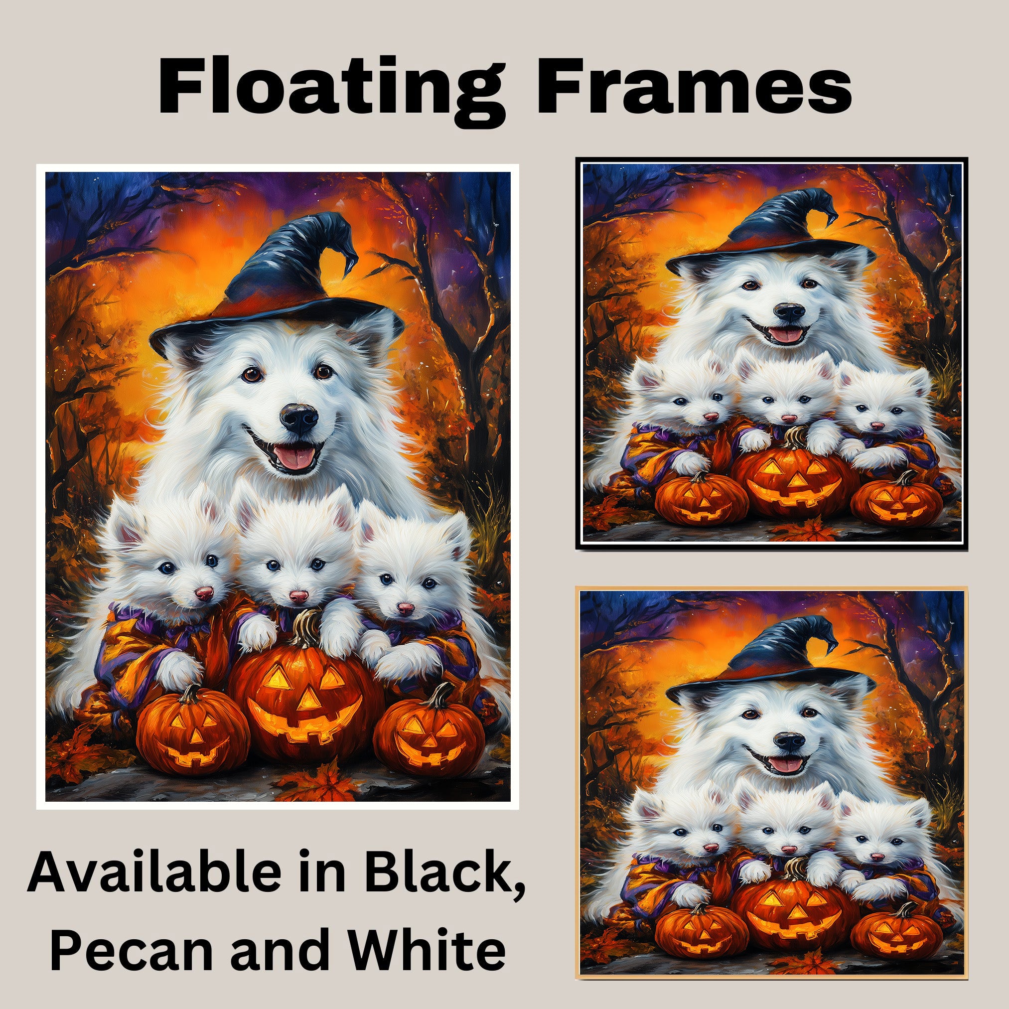 American Eskimo Halloween Witch Dog Canvas Wall Art with Pumpkins Fall Farmhouse Decor for Pet Lovers on Ready to Hang 1.5" Thick Canvas Wrap, Floating Framed Canvas, Flat Rolled Canvas
