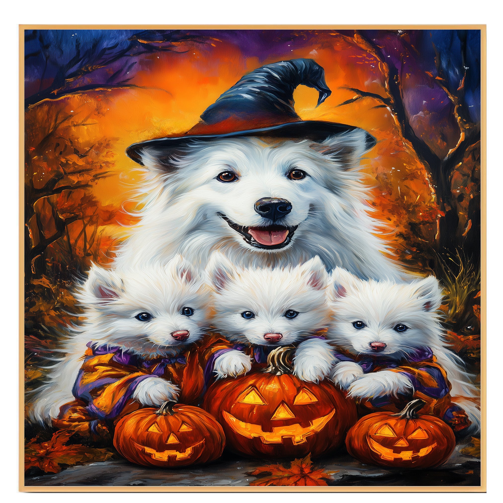 American Eskimo Halloween Witch Dog Canvas Wall Art with Pumpkins Fall Farmhouse Decor for Pet Lovers on Ready to Hang 1.5" Thick Canvas Wrap, Floating Framed Canvas, Flat Rolled Canvas