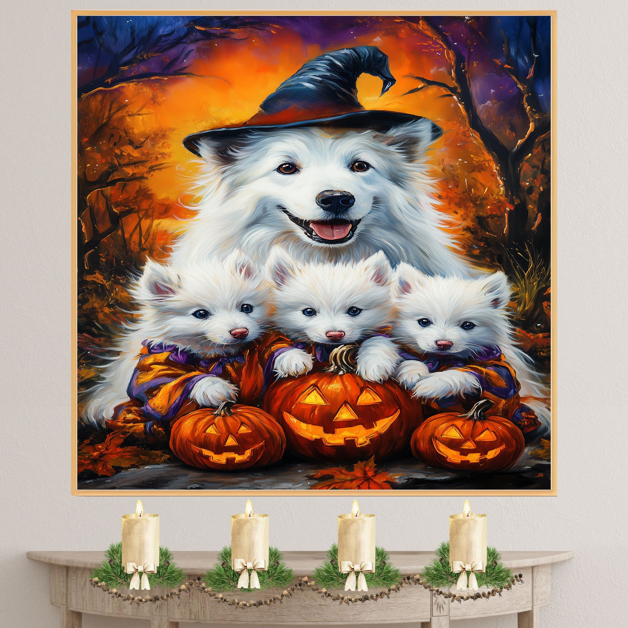American Eskimo Halloween Witch Dog Canvas Wall Art with Pumpkins Fall Farmhouse Decor for Pet Lovers on Ready to Hang 1.5" Thick Canvas Wrap, Floating Framed Canvas, Flat Rolled Canvas