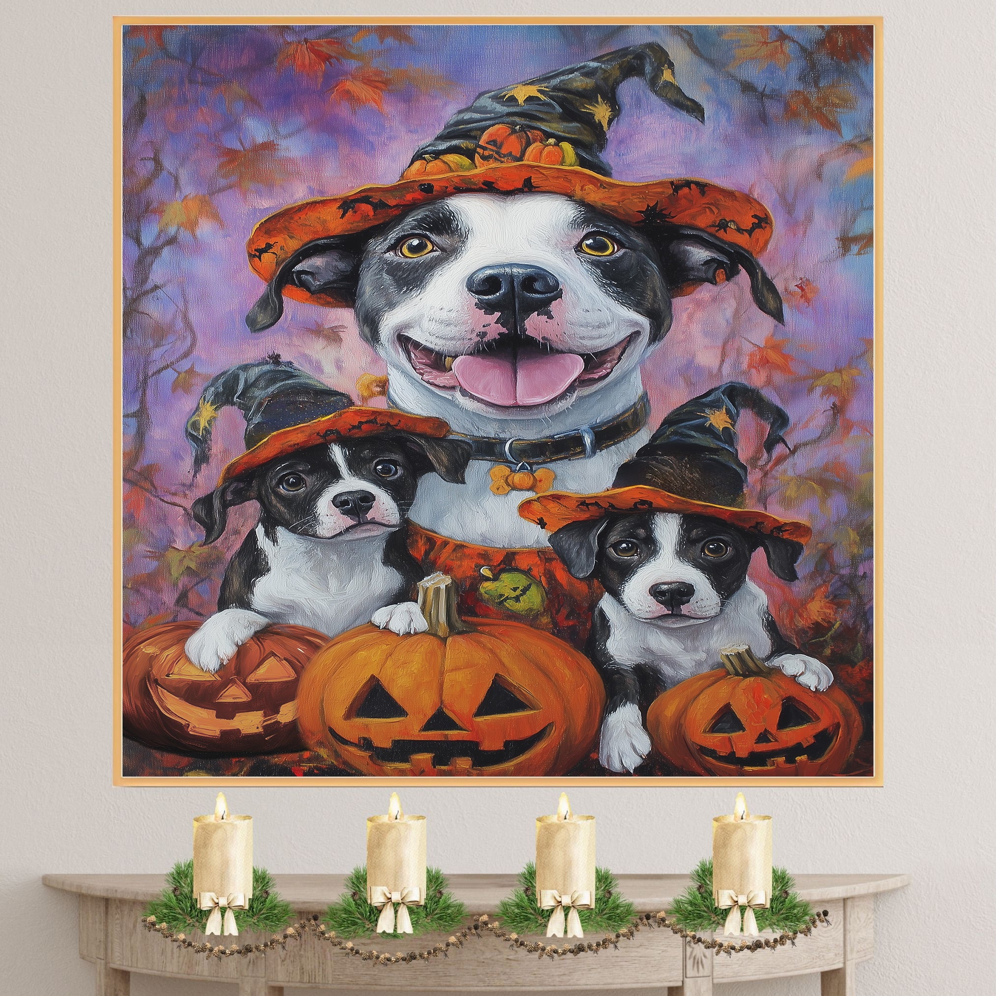 American Staffordshire Dog Halloween Canvas Wall Art with Pumpkins Fall Rustic Decor for Pet Lovers on Ready to Hang 1.5" Thick Canvas Wrap, Floating Framed Canvas, Flat Rolled Canvas