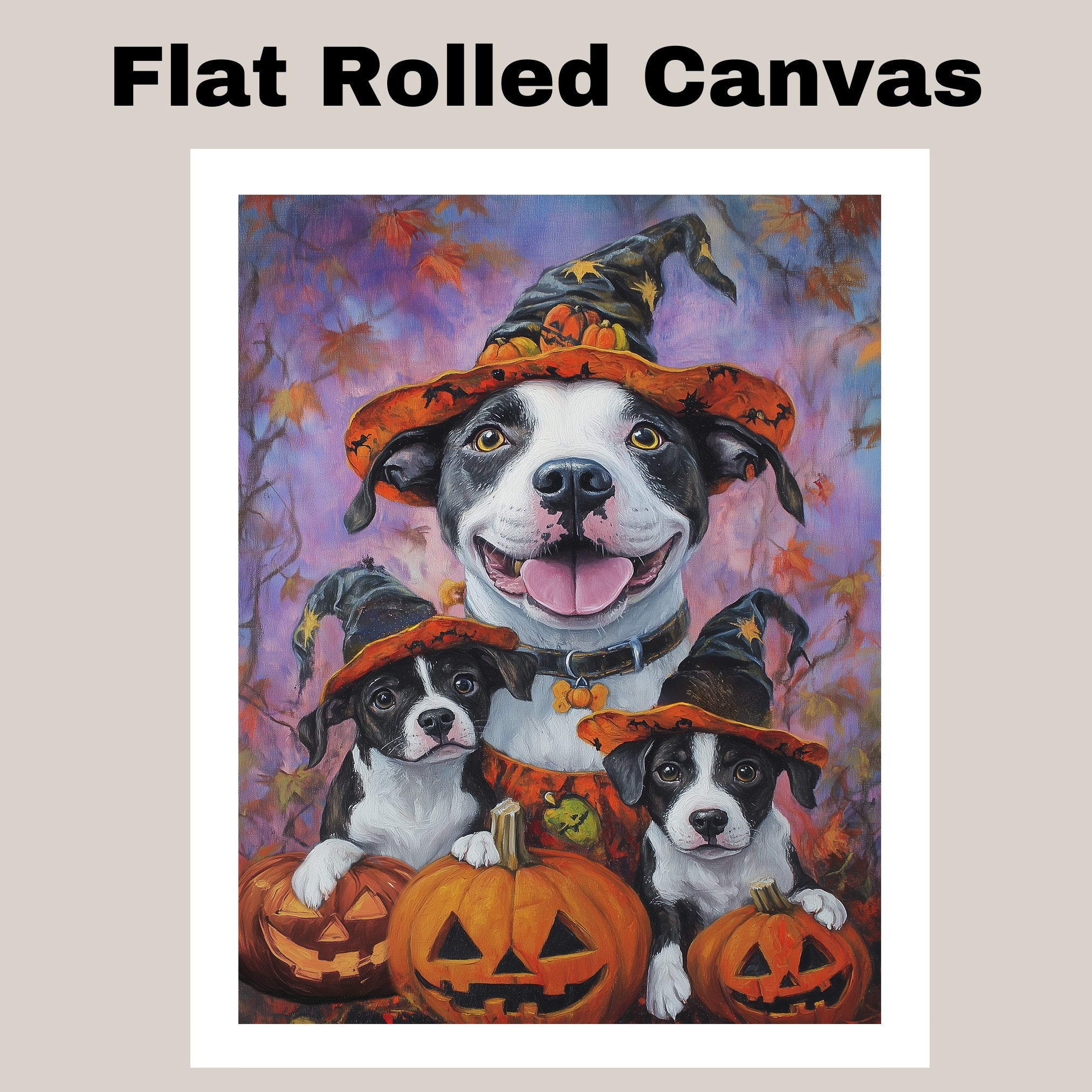 American Staffordshire Dog Halloween Canvas Wall Art with Pumpkins Fall Rustic Decor for Pet Lovers on Ready to Hang 1.5" Thick Canvas Wrap, Floating Framed Canvas, Flat Rolled Canvas