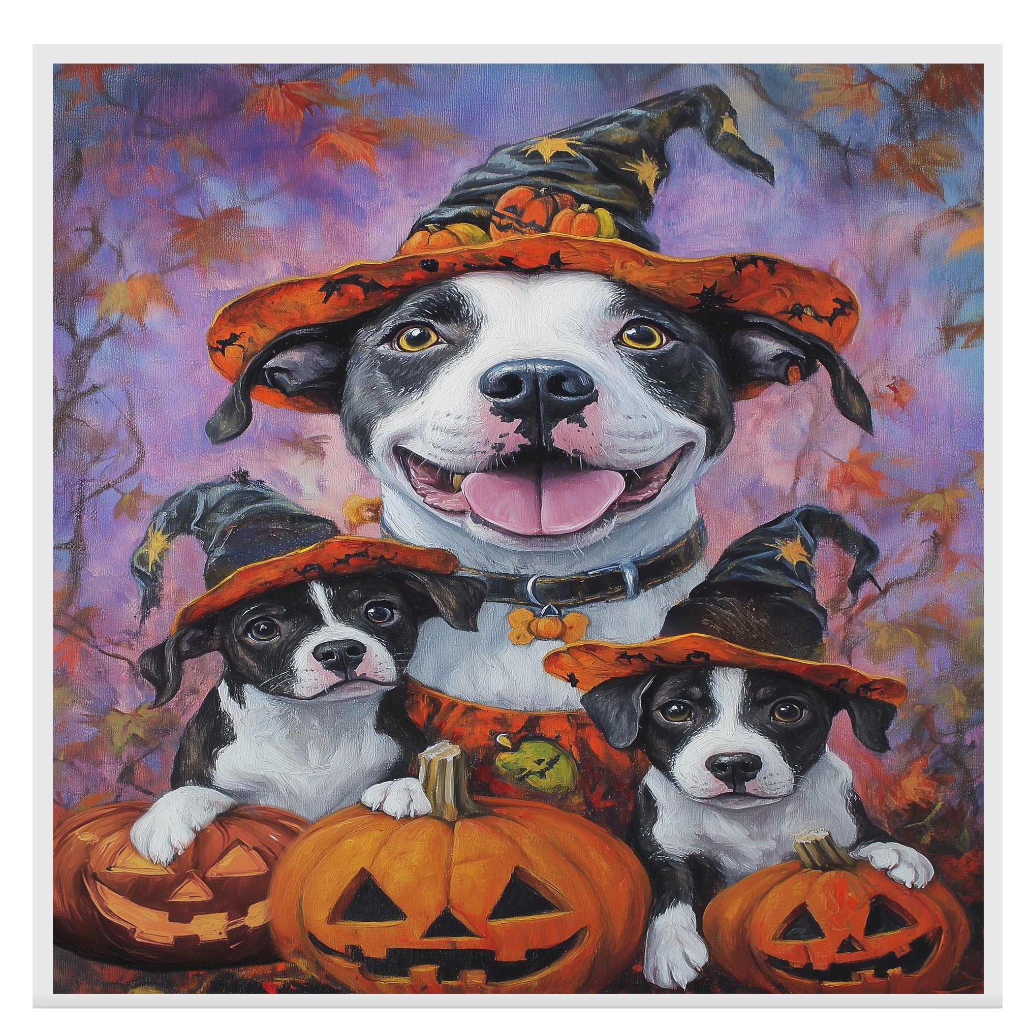 American Staffordshire Dog Halloween Canvas Wall Art with Pumpkins Fall Rustic Decor for Pet Lovers on Ready to Hang 1.5" Thick Canvas Wrap, Floating Framed Canvas, Flat Rolled Canvas