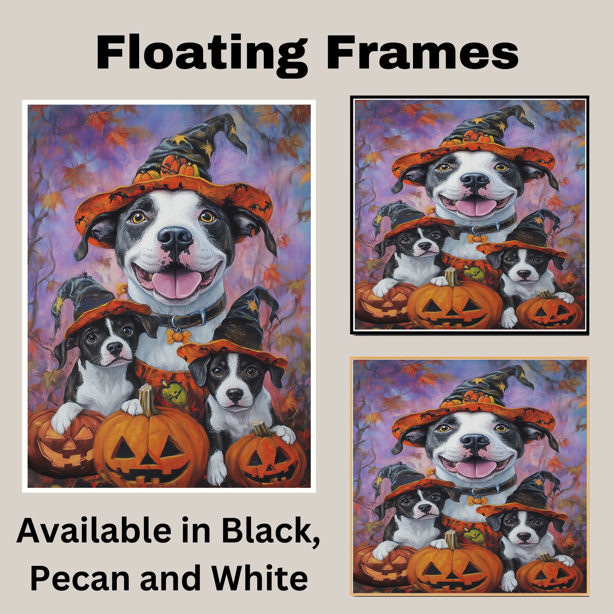 American Staffordshire Dog Halloween Canvas Wall Art with Pumpkins Fall Rustic Decor for Pet Lovers on Ready to Hang 1.5" Thick Canvas Wrap, Floating Framed Canvas, Flat Rolled Canvas