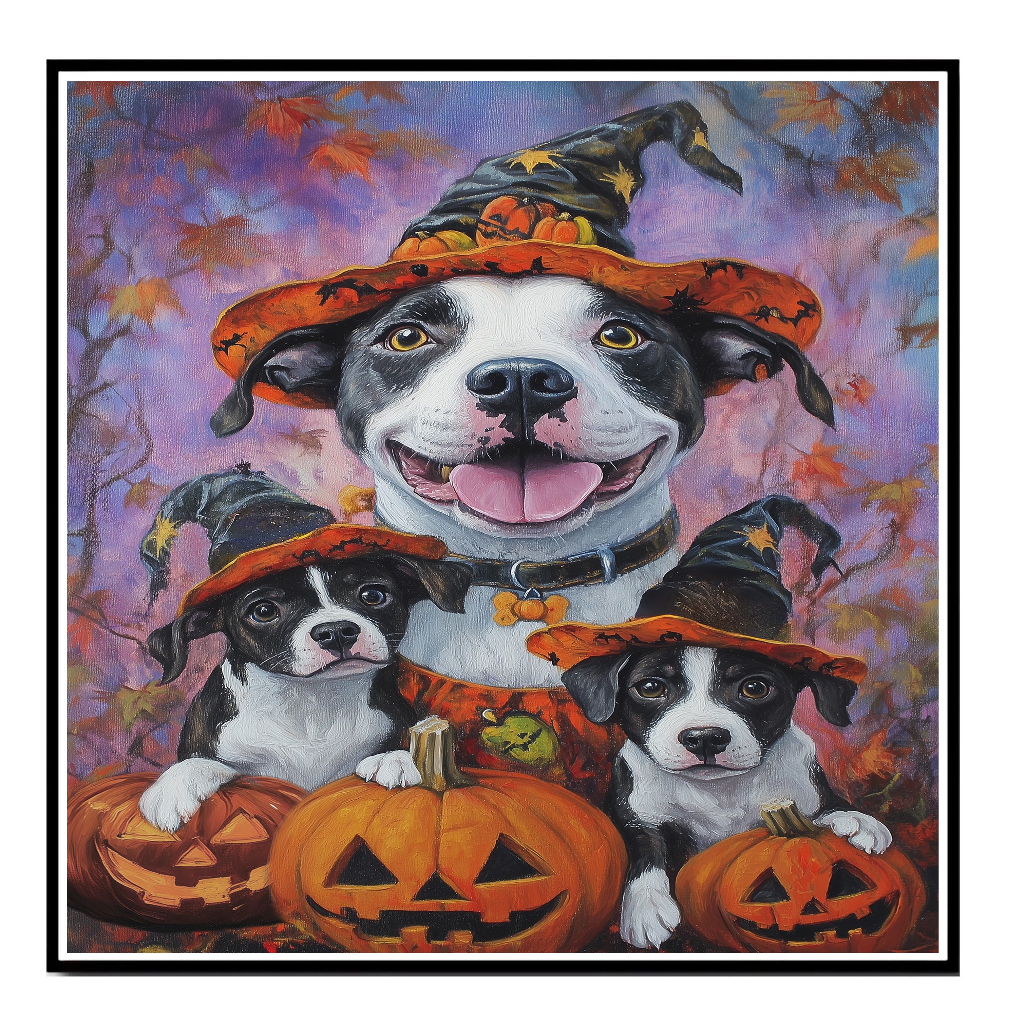 American Staffordshire Dog Halloween Canvas Wall Art with Pumpkins Fall Rustic Decor for Pet Lovers on Ready to Hang 1.5" Thick Canvas Wrap, Floating Framed Canvas, Flat Rolled Canvas