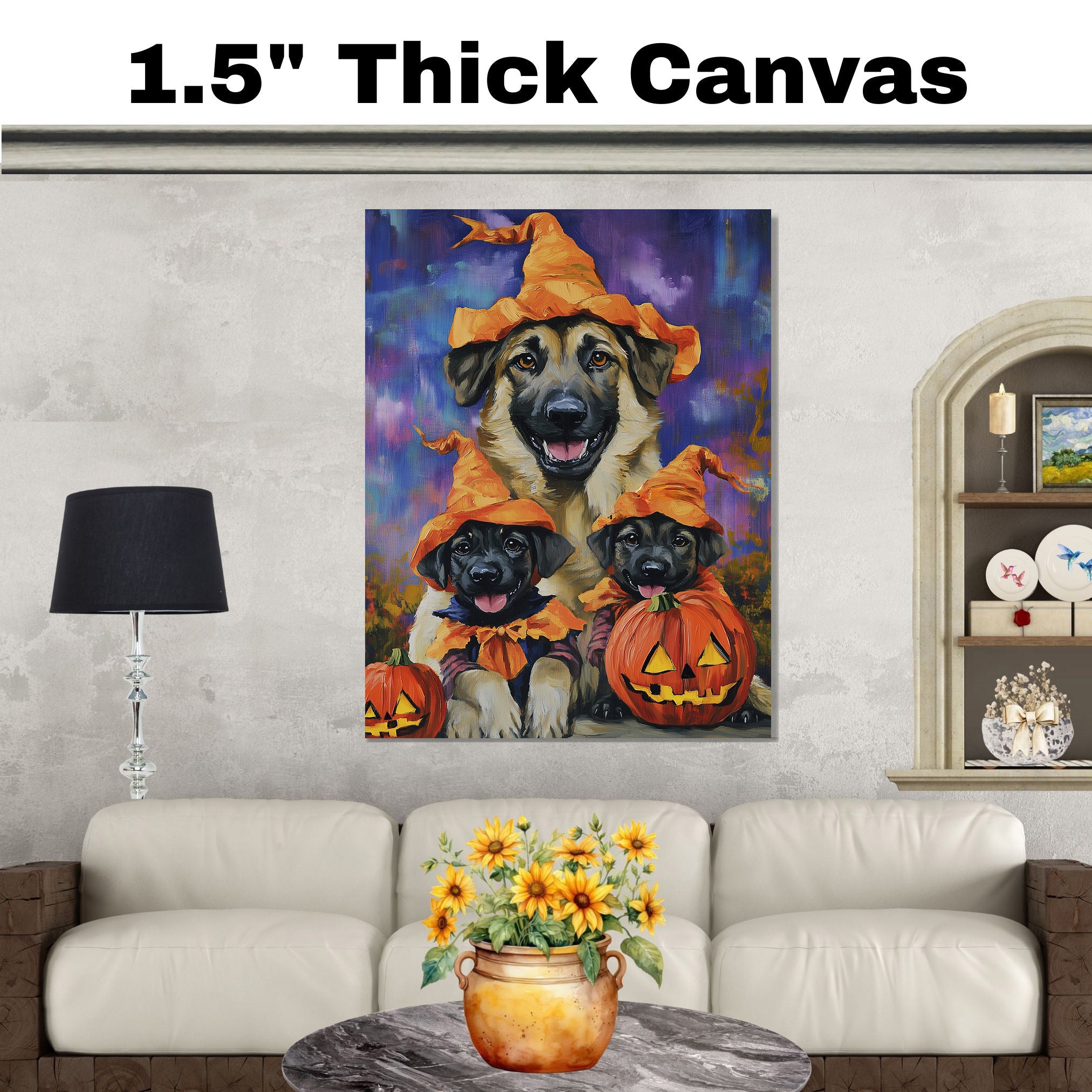 Halloween Anatolian Shepherd Dog Family Wall Art with Pumpkins Fall Farmhouse Decor for Pet Lovers on Ready to Hang 1.5" Thick Canvas Wrap, Floating Framed Canvas, Flat Rolled Canvas