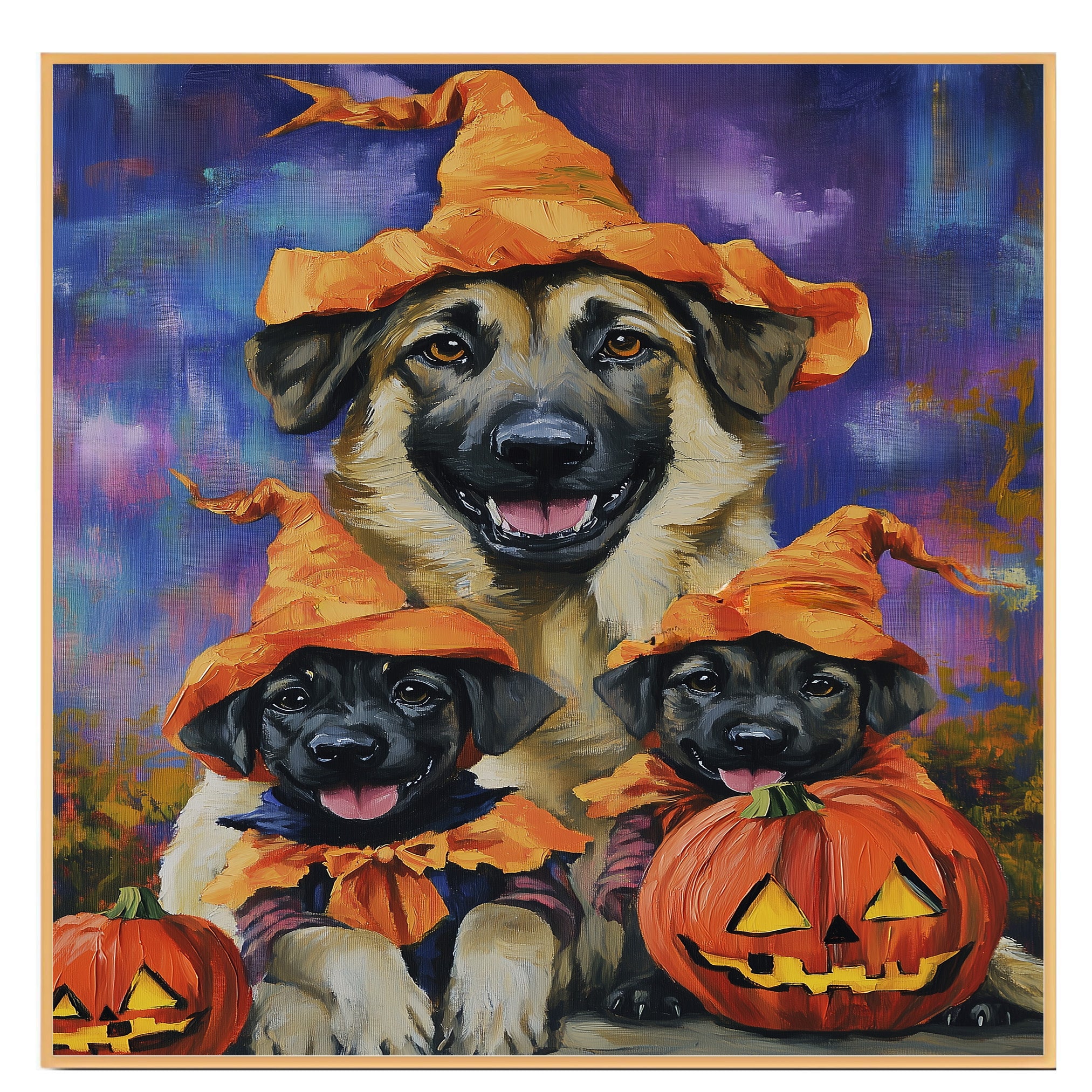 Halloween Anatolian Shepherd Dog Family Wall Art with Pumpkins Fall Farmhouse Decor for Pet Lovers on Ready to Hang 1.5" Thick Canvas Wrap, Floating Framed Canvas, Flat Rolled Canvas