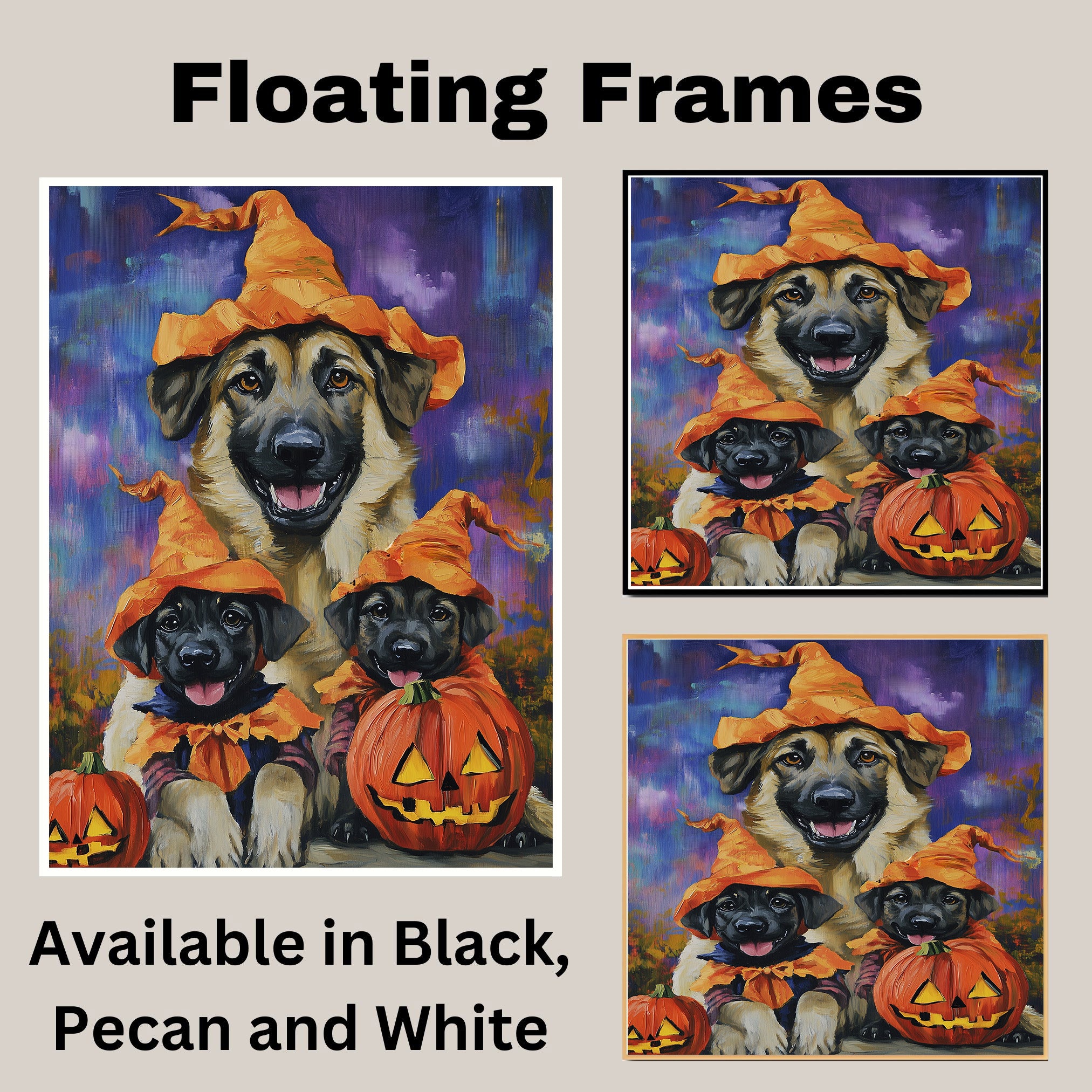 Halloween Anatolian Shepherd Dog Family Wall Art with Pumpkins Fall Farmhouse Decor for Pet Lovers on Ready to Hang 1.5" Thick Canvas Wrap, Floating Framed Canvas, Flat Rolled Canvas