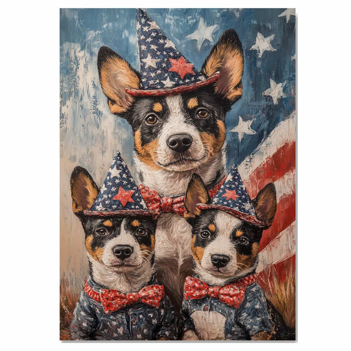 Australian Cattle Dog Mom and Puppies in Patriotic Outfits and Star Hats with American Flag Backdrop in Rustic Painting Style on Ready to Hang 1.5" Thick Canvas Wrap, Floating Framed Canvas, Flat Rolled Canvas