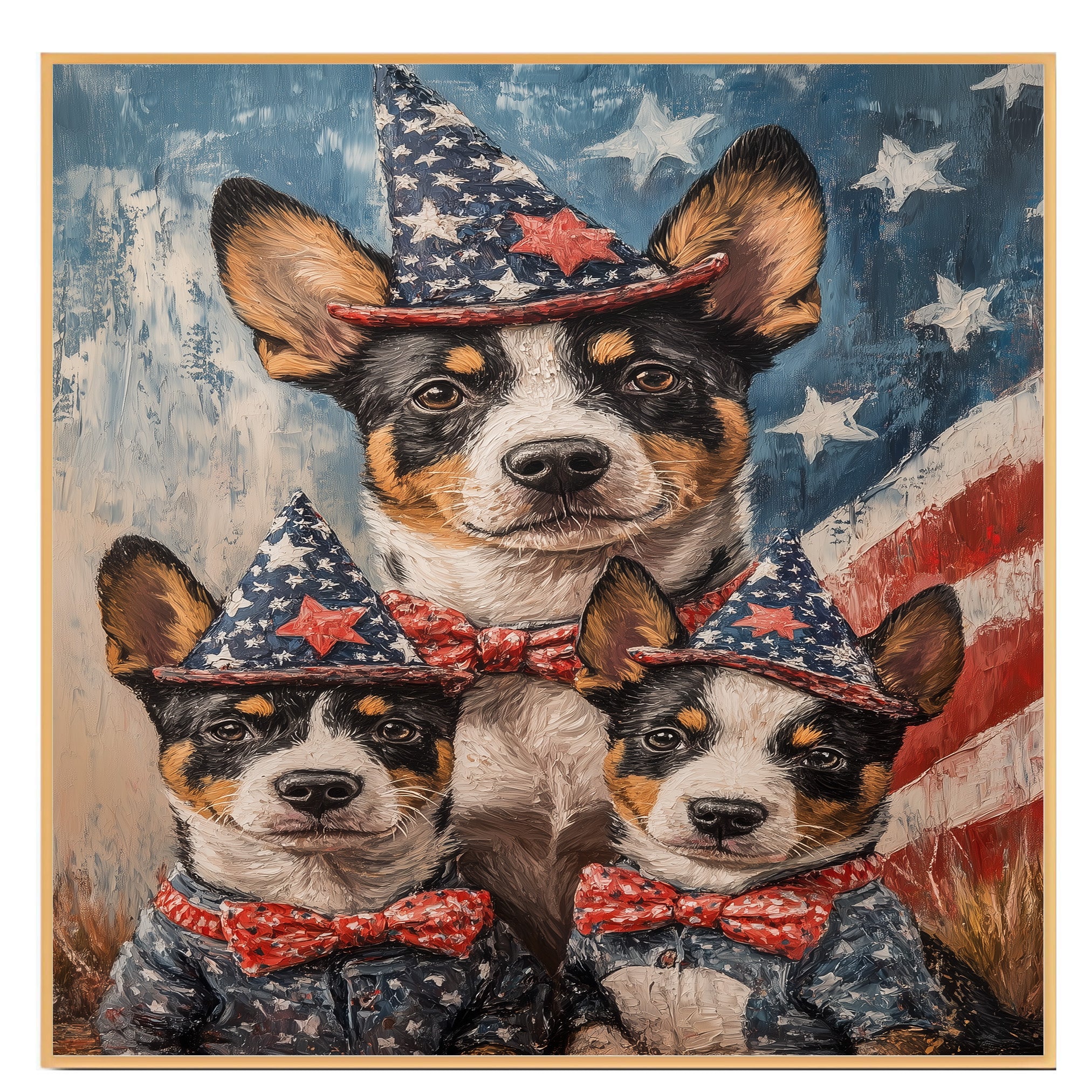 Australian Cattle Dog Mom and Puppies in Patriotic Outfits and Star Hats with American Flag Backdrop in Rustic Painting Style on Ready to Hang 1.5" Thick Canvas Wrap, Floating Framed Canvas, Flat Rolled Canvas