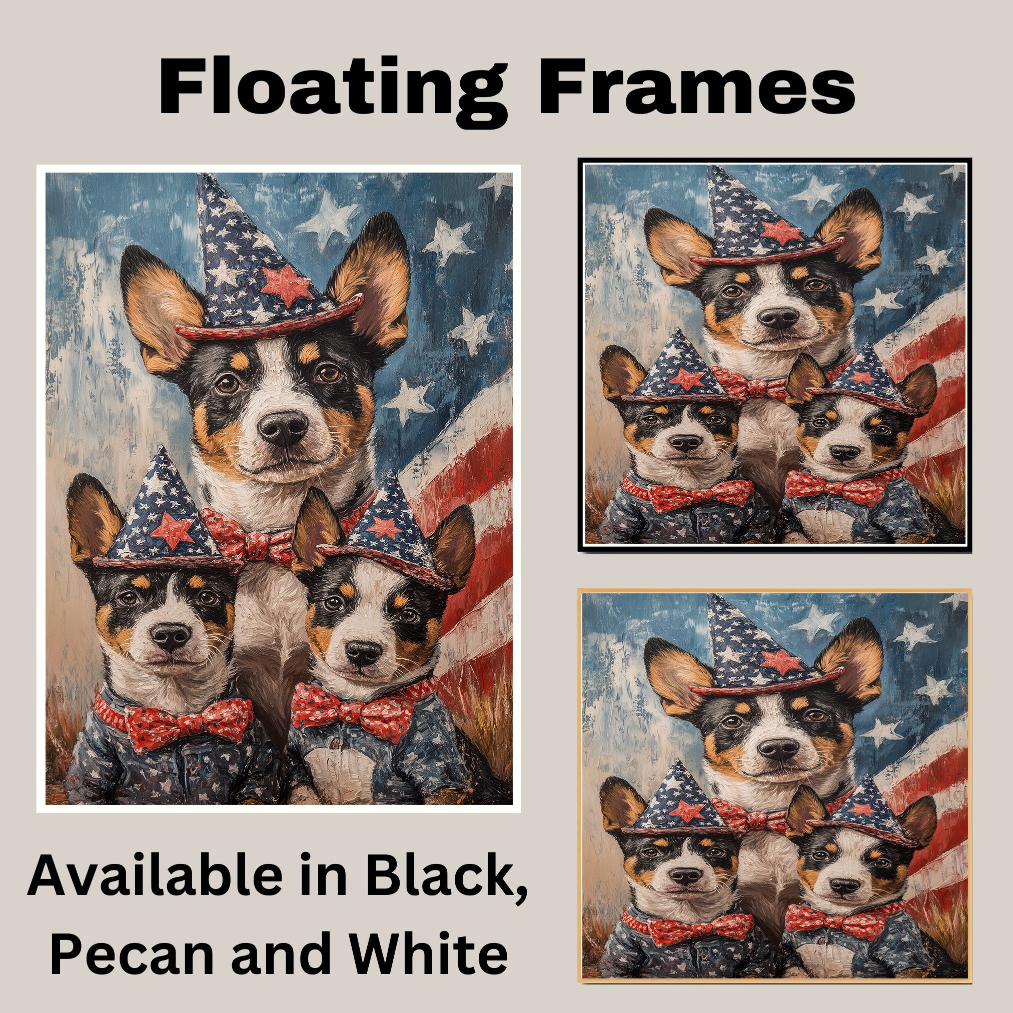 Australian Cattle Dog Mom and Puppies in Patriotic Outfits and Star Hats with American Flag Backdrop in Rustic Painting Style on Ready to Hang 1.5" Thick Canvas Wrap, Floating Framed Canvas, Flat Rolled Canvas