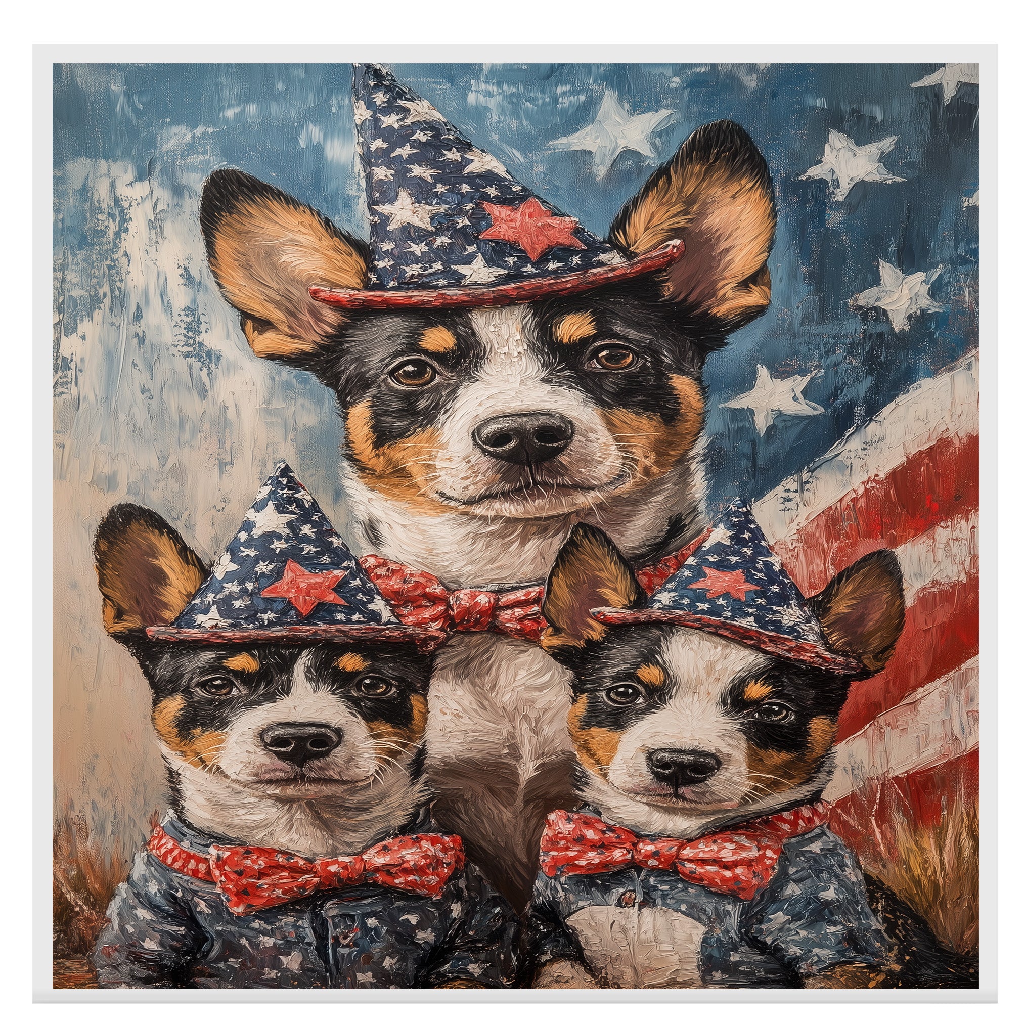 Australian Cattle Dog Mom and Puppies in Patriotic Outfits and Star Hats with American Flag Backdrop in Rustic Painting Style on Ready to Hang 1.5" Thick Canvas Wrap, Floating Framed Canvas, Flat Rolled Canvas