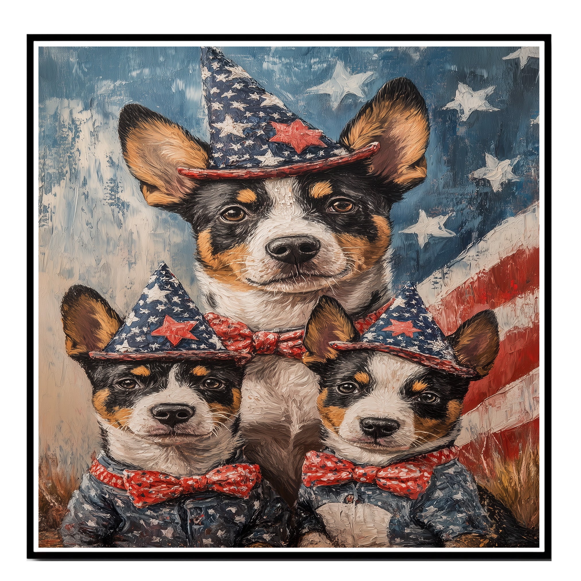 Australian Cattle Dog Mom and Puppies in Patriotic Outfits and Star Hats with American Flag Backdrop in Rustic Painting Style on Ready to Hang 1.5" Thick Canvas Wrap, Floating Framed Canvas, Flat Rolled Canvas