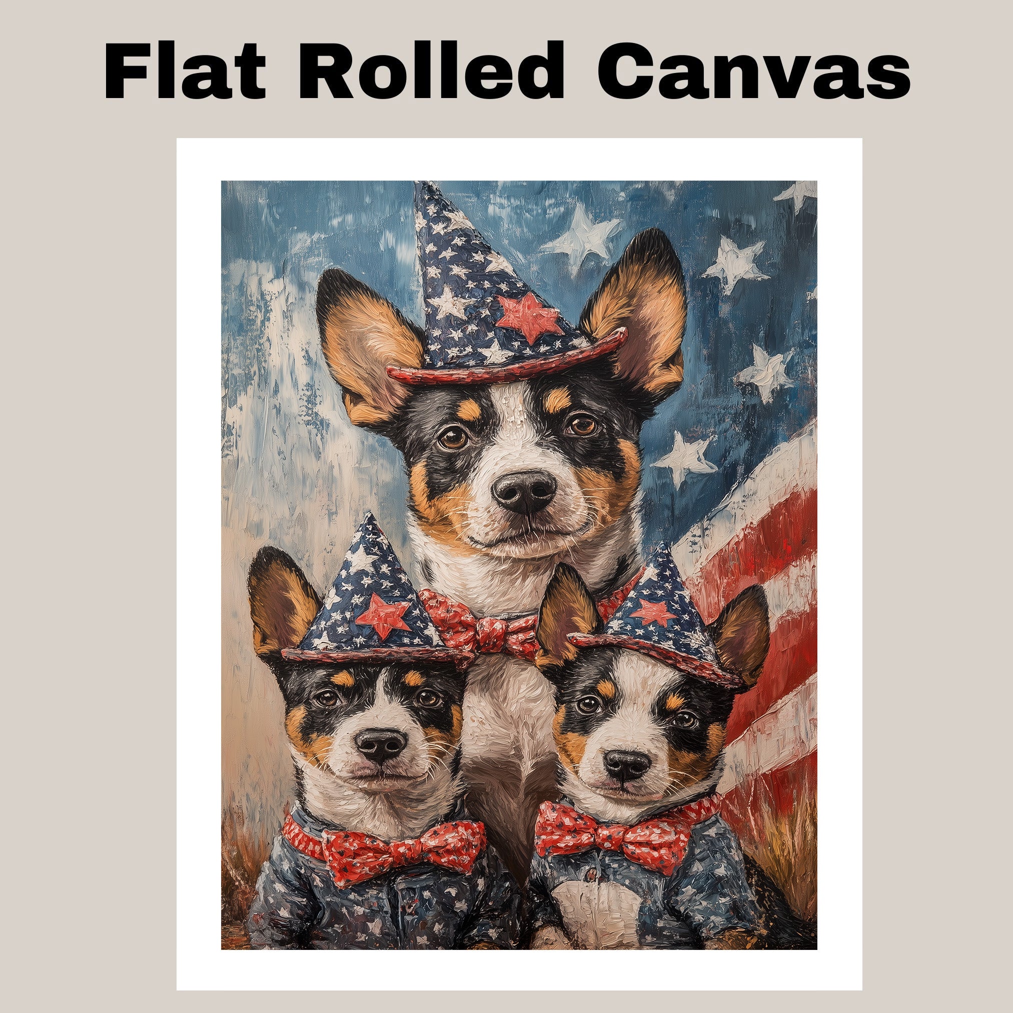 Australian Cattle Dog Mom and Puppies in Patriotic Outfits and Star Hats with American Flag Backdrop in Rustic Painting Style on Ready to Hang 1.5" Thick Canvas Wrap, Floating Framed Canvas, Flat Rolled Canvas