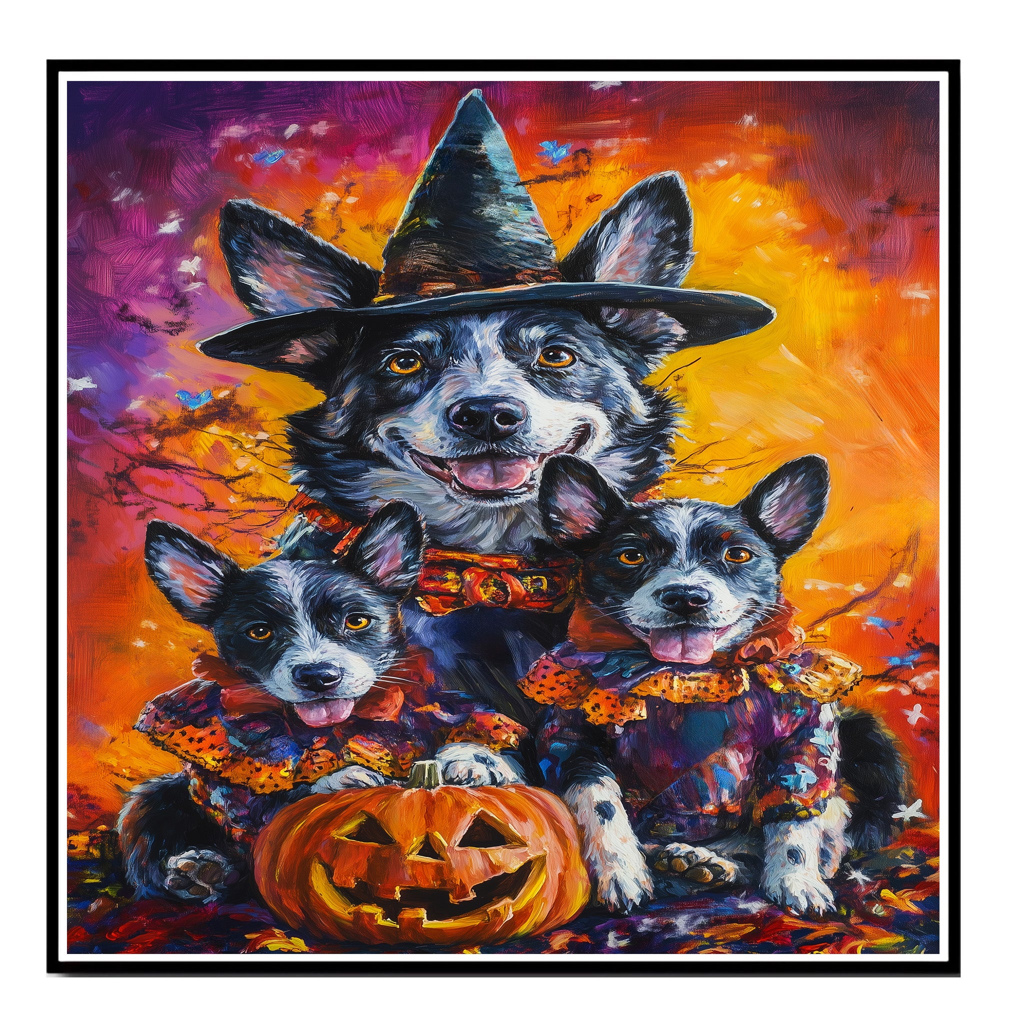 Halloween Witch Australian Cattle Dog Canvas Wall Art with Pumpkins Fall Farmhouse Decor for Pet Lovers on Ready to Hang 1.5" Thick Canvas Wrap, Floating Framed Canvas, Flat Rolled Canvas