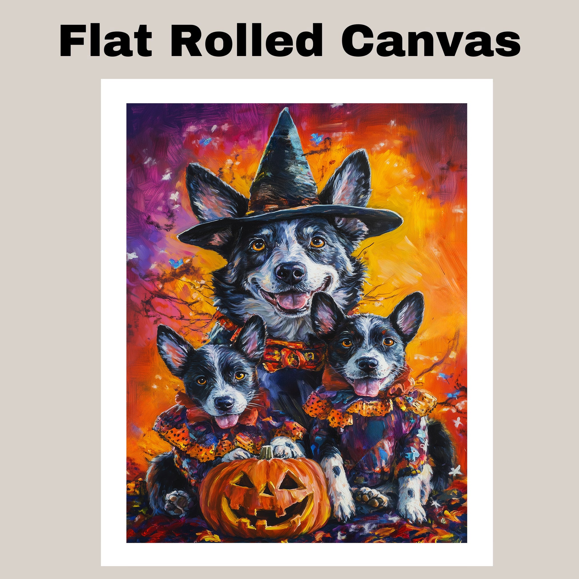 Halloween Witch Australian Cattle Dog Canvas Wall Art with Pumpkins Fall Farmhouse Decor for Pet Lovers on Ready to Hang 1.5" Thick Canvas Wrap, Floating Framed Canvas, Flat Rolled Canvas