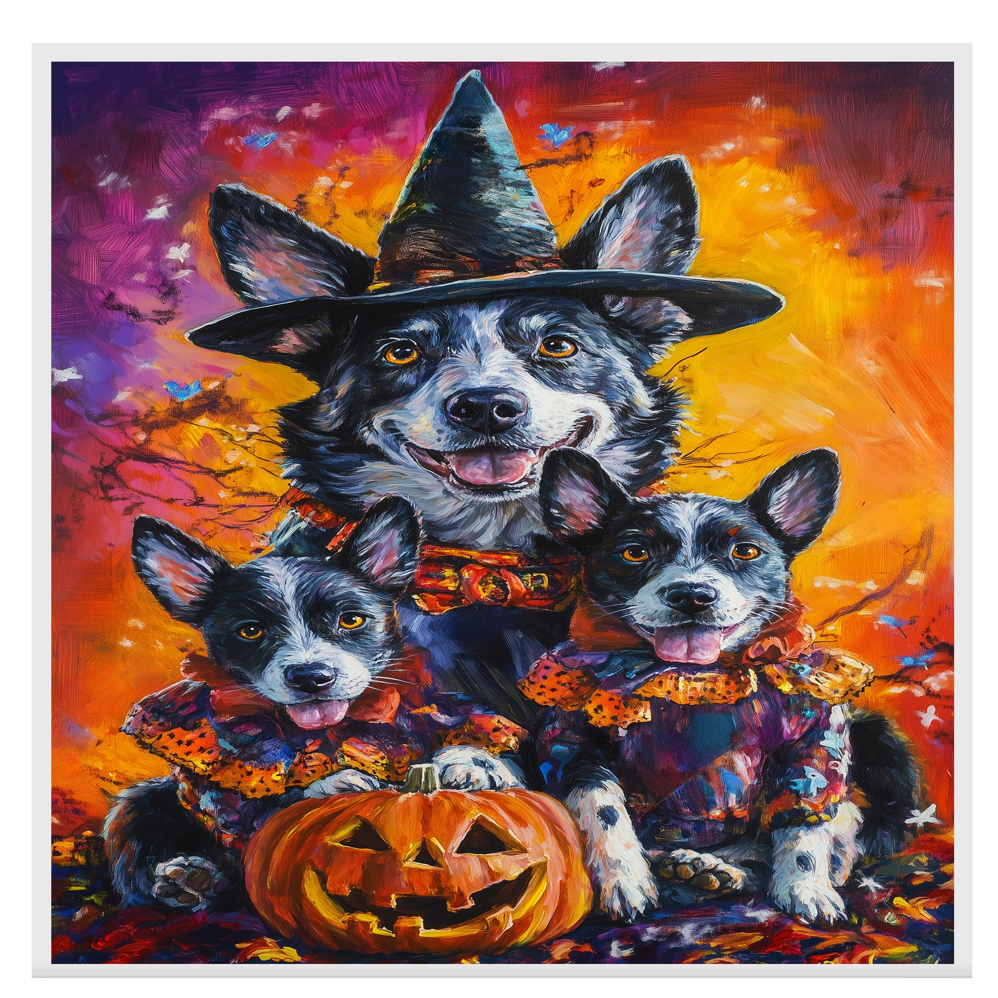 Halloween Witch Australian Cattle Dog Canvas Wall Art with Pumpkins Fall Farmhouse Decor for Pet Lovers on Ready to Hang 1.5" Thick Canvas Wrap, Floating Framed Canvas, Flat Rolled Canvas