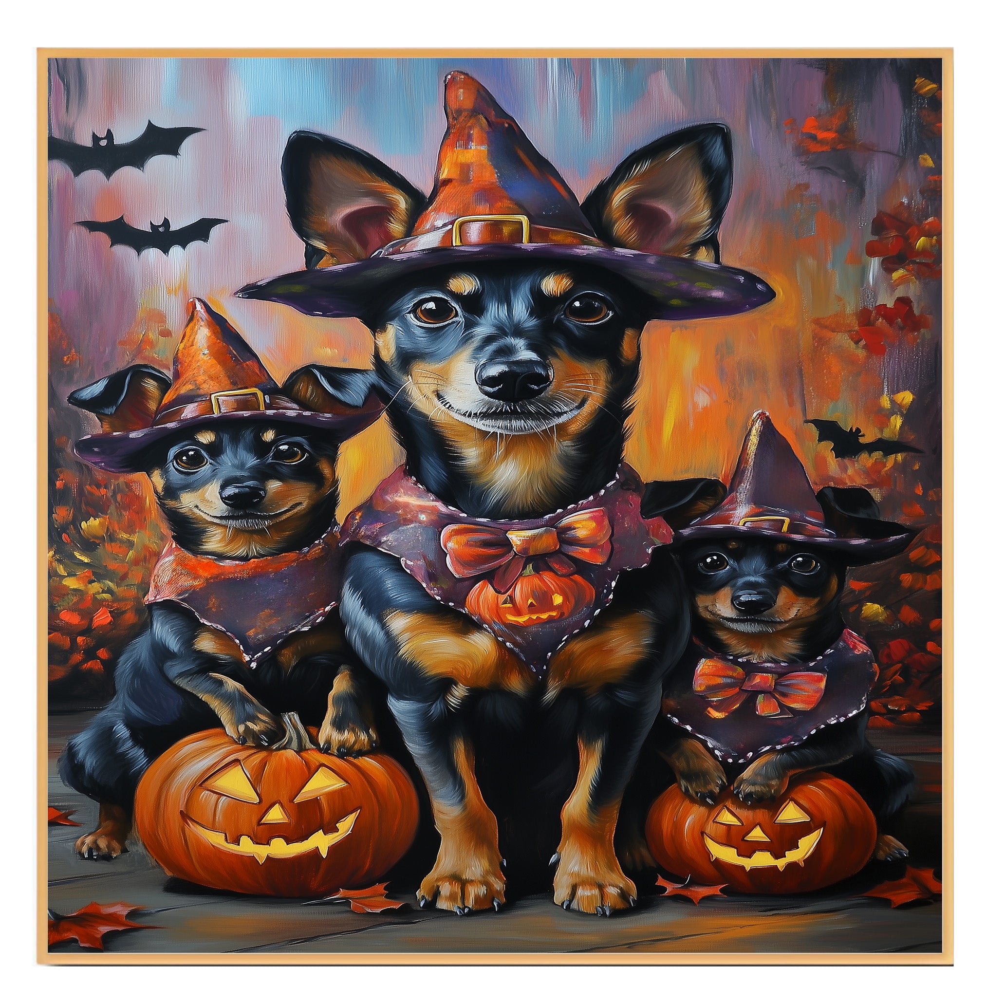 Halloween Witch Hat Australian Kelpie Dog Family Wall Art with Pumpkins Rustic Fall Farmhouse Decor for Pet Lovers on Ready to Hang 1.5" Thick Canvas Wrap, Floating Framed Canvas, Flat Rolled Canvas