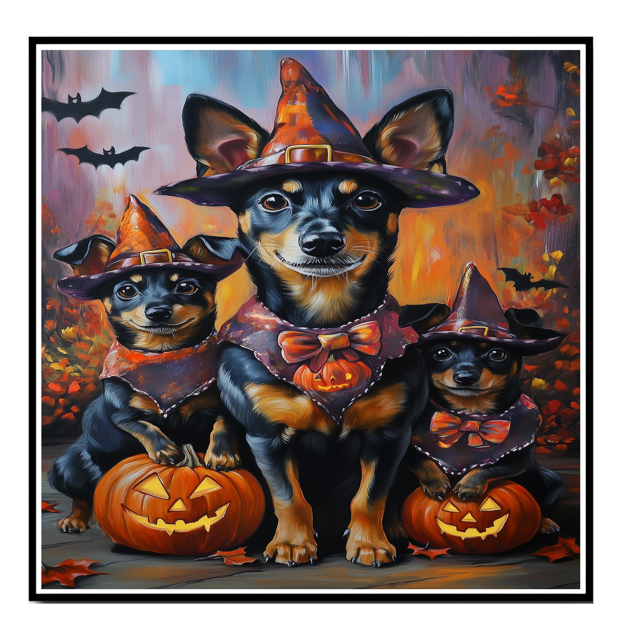 Halloween Witch Hat Australian Kelpie Dog Family Wall Art with Pumpkins Rustic Fall Farmhouse Decor for Pet Lovers on Ready to Hang 1.5" Thick Canvas Wrap, Floating Framed Canvas, Flat Rolled Canvas