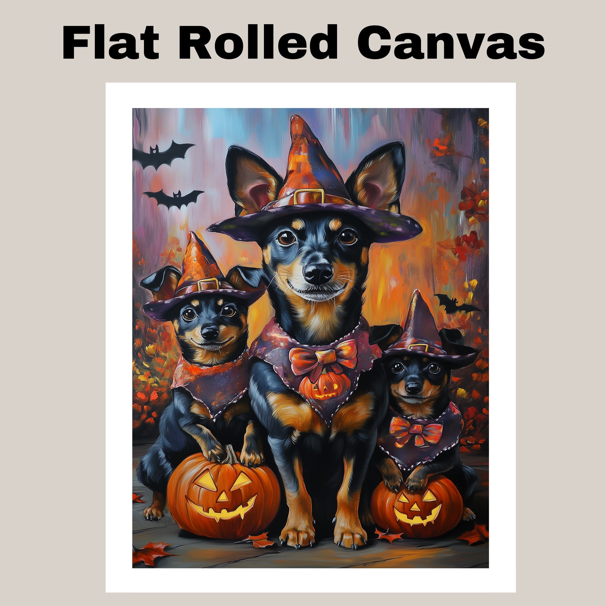 Halloween Witch Hat Australian Kelpie Dog Family Wall Art with Pumpkins Rustic Fall Farmhouse Decor for Pet Lovers on Ready to Hang 1.5" Thick Canvas Wrap, Floating Framed Canvas, Flat Rolled Canvas