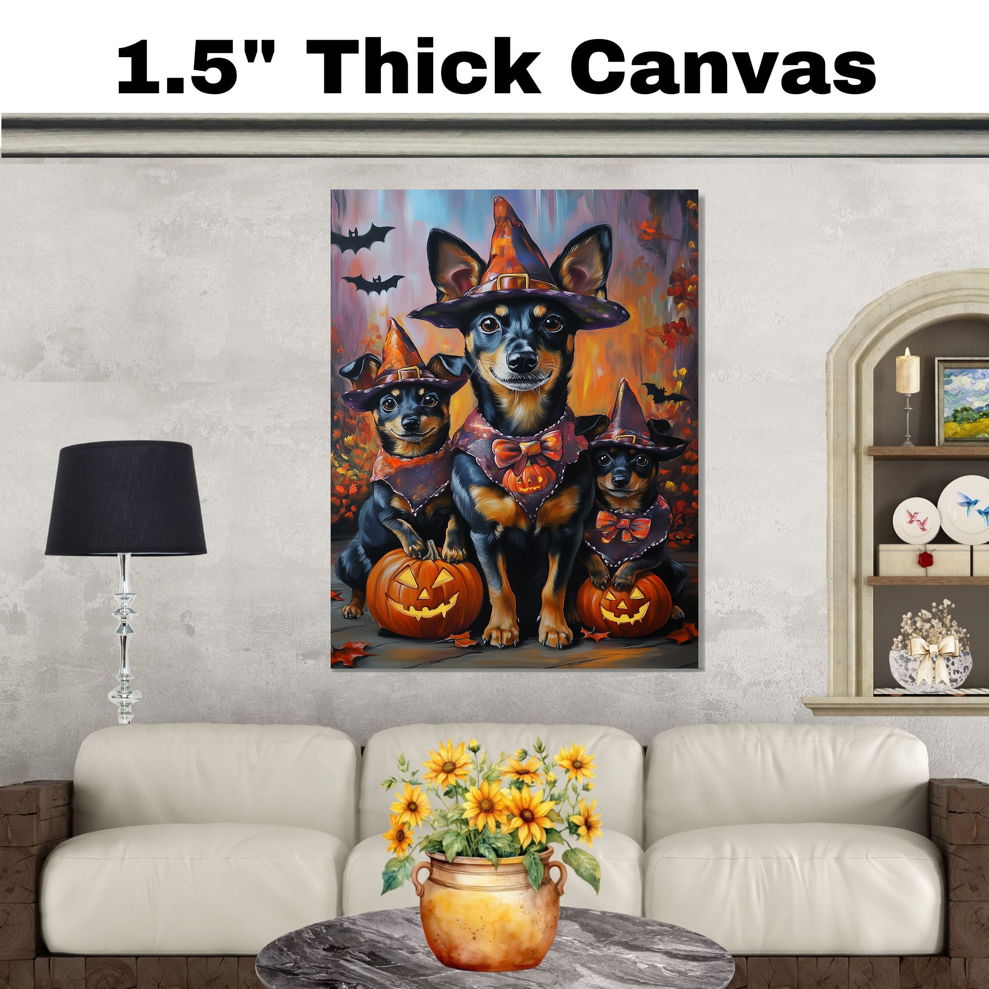 Halloween Witch Hat Australian Kelpie Dog Family Wall Art with Pumpkins Rustic Fall Farmhouse Decor for Pet Lovers on Ready to Hang 1.5" Thick Canvas Wrap, Floating Framed Canvas, Flat Rolled Canvas
