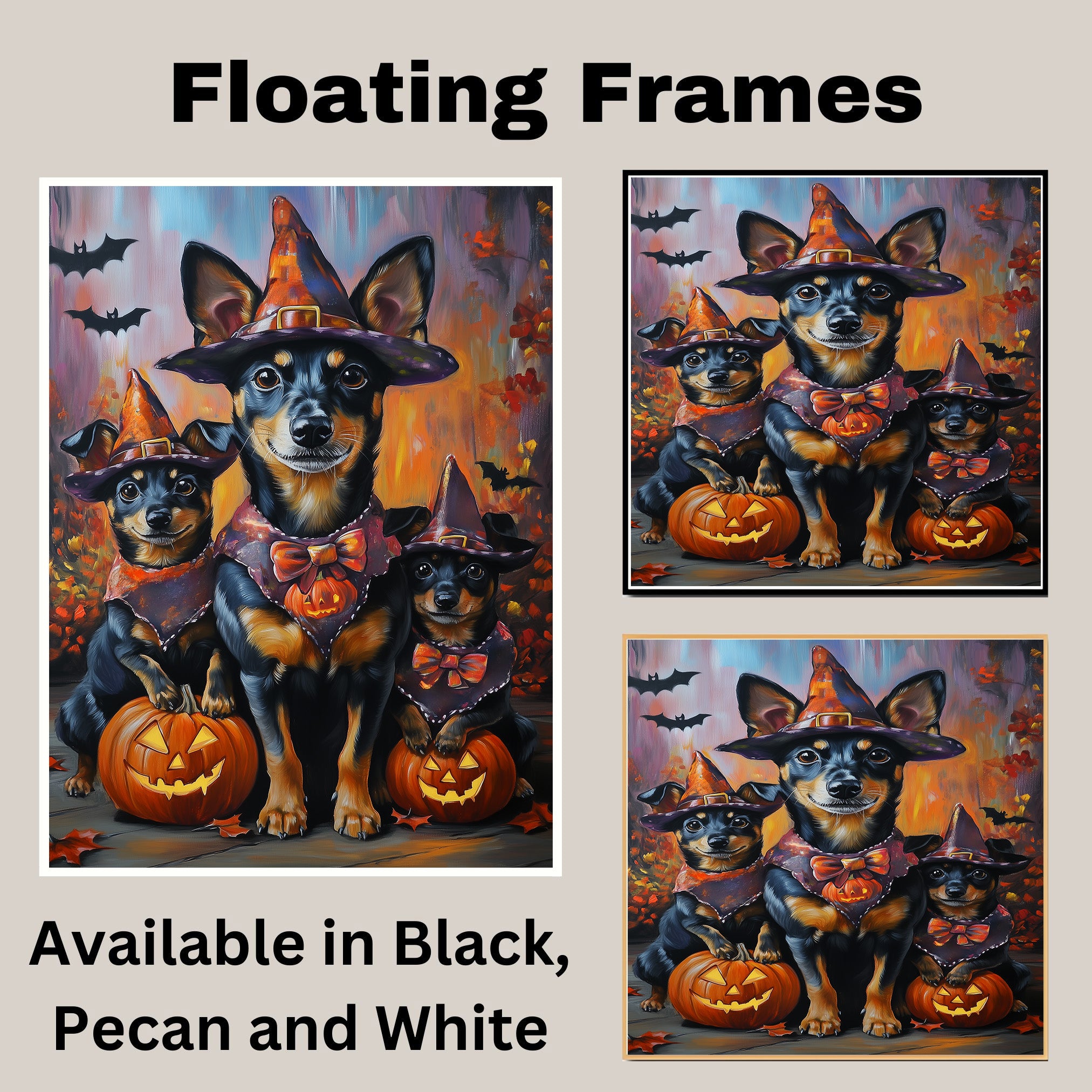 Halloween Witch Hat Australian Kelpie Dog Family Wall Art with Pumpkins Rustic Fall Farmhouse Decor for Pet Lovers on Ready to Hang 1.5" Thick Canvas Wrap, Floating Framed Canvas, Flat Rolled Canvas