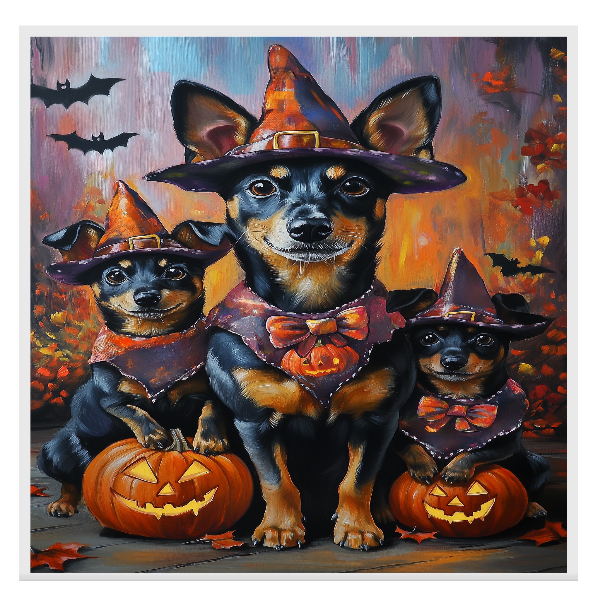 Halloween Witch Hat Australian Kelpie Dog Family Wall Art with Pumpkins Rustic Fall Farmhouse Decor for Pet Lovers on Ready to Hang 1.5" Thick Canvas Wrap, Floating Framed Canvas, Flat Rolled Canvas