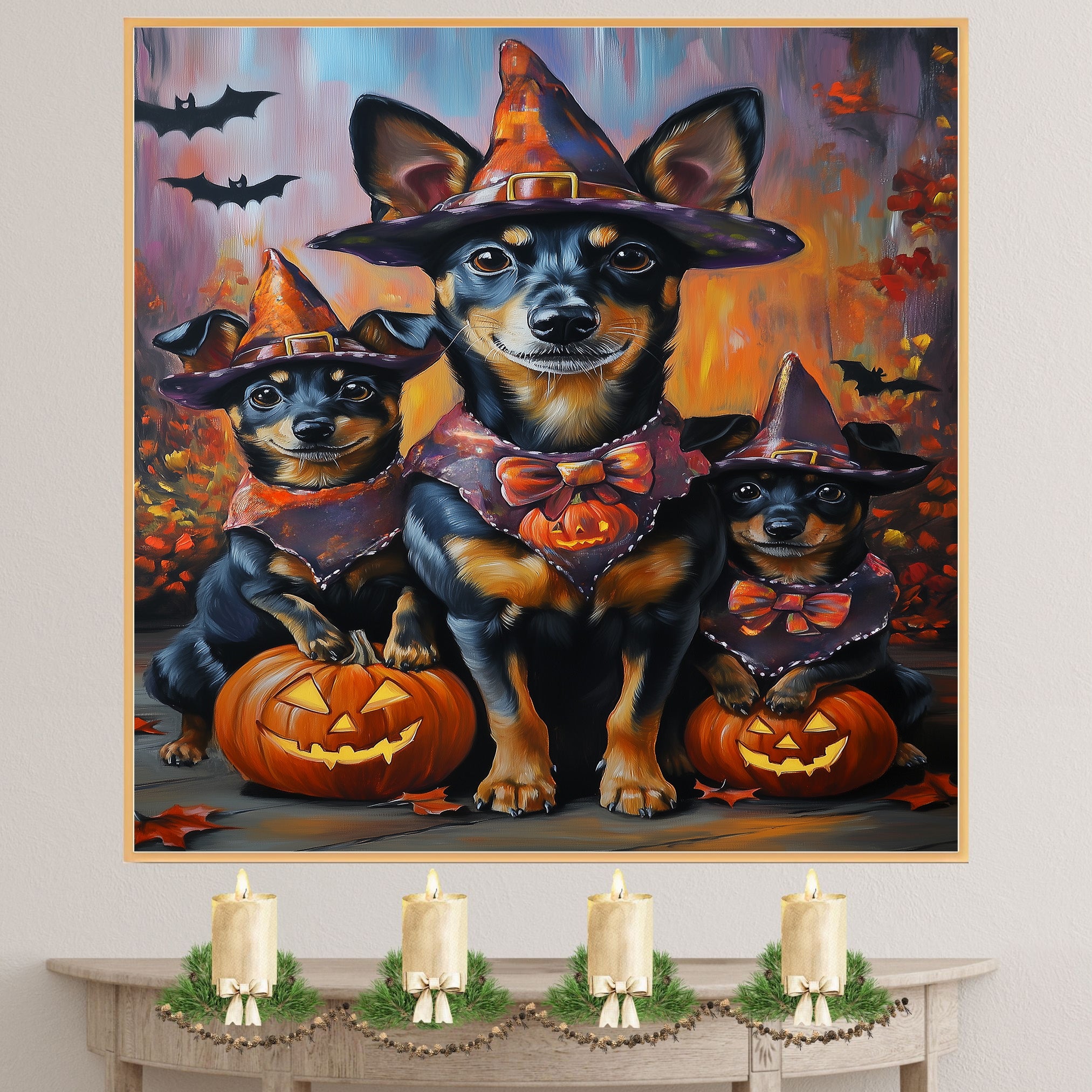 Halloween Witch Hat Australian Kelpie Dog Family Wall Art with Pumpkins Rustic Fall Farmhouse Decor for Pet Lovers on Ready to Hang 1.5" Thick Canvas Wrap, Floating Framed Canvas, Flat Rolled Canvas