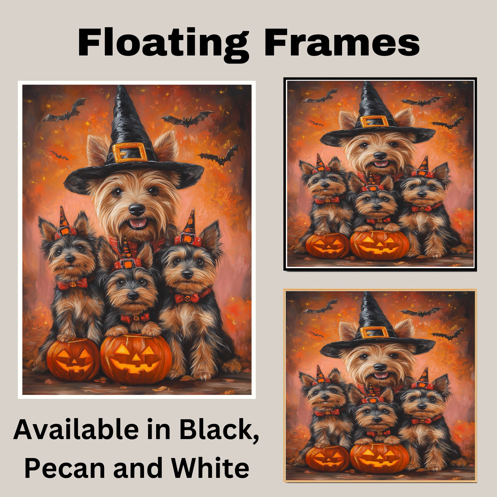 Halloween Australian Terrier Witch Hat Dog Wall Art with Pumpkins Fall Farmhouse Décor for Grandma on Ready to Hang 1.5" Thick Canvas Wrap, Floating Framed Canvas, Flat Rolled Canvas