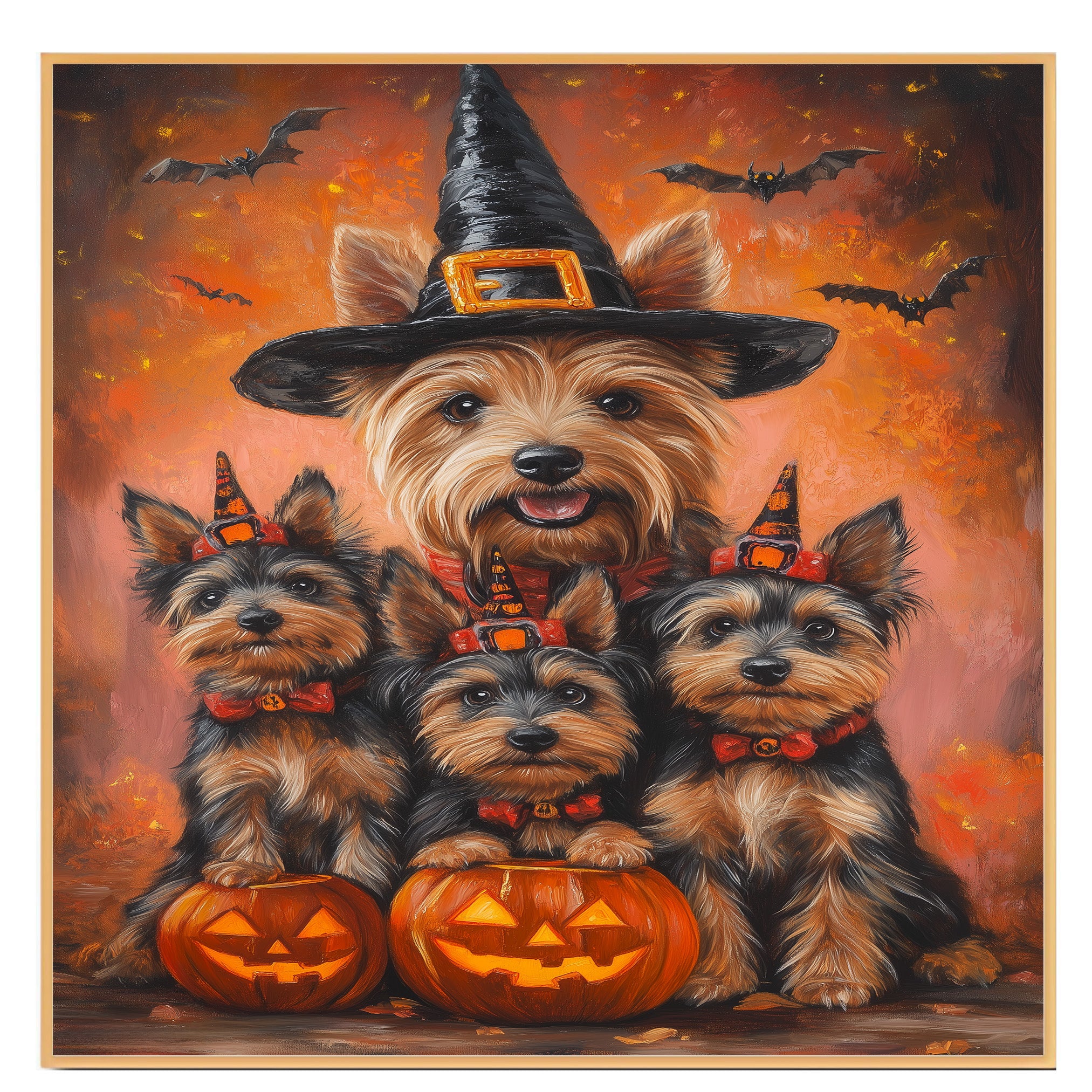Halloween Australian Terrier Witch Hat Dog Wall Art with Pumpkins Fall Farmhouse Décor for Grandma on Ready to Hang 1.5" Thick Canvas Wrap, Floating Framed Canvas, Flat Rolled Canvas
